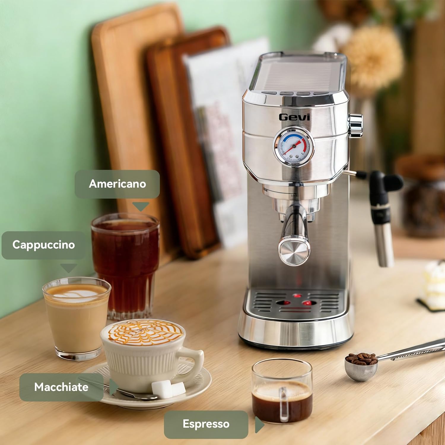 Gevi 20 Bar Espresso Machine with Milk Frother, Compatible with Pods&Ground | Compatible with Nespresso Pods&Ground, Built-in pressure gauge