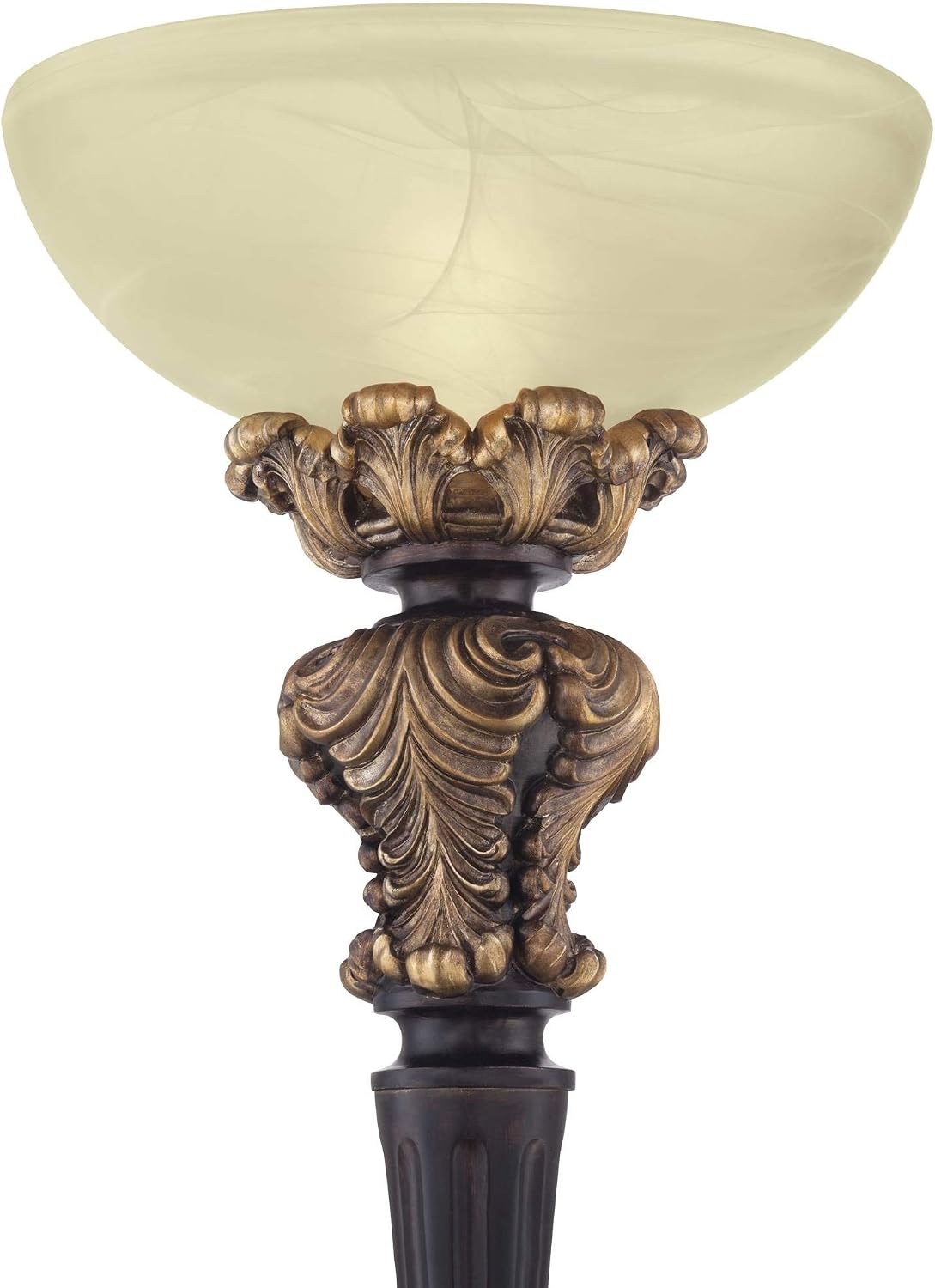 Valentina 75" Tall Acanthus Leaf Torchiere Floor Lamp Living Room | Traditional Victorian Carved Wood Amber Glass Shade Foot Dimmer Standing Light