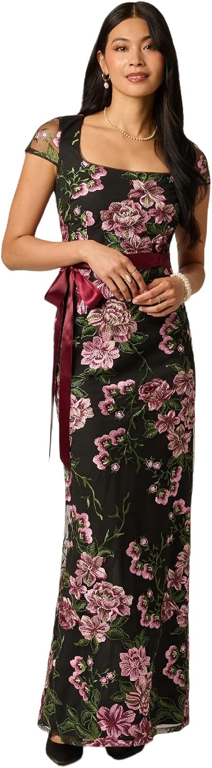 Adrianna Papell Cascading Floral Embroidered Long Column Gown