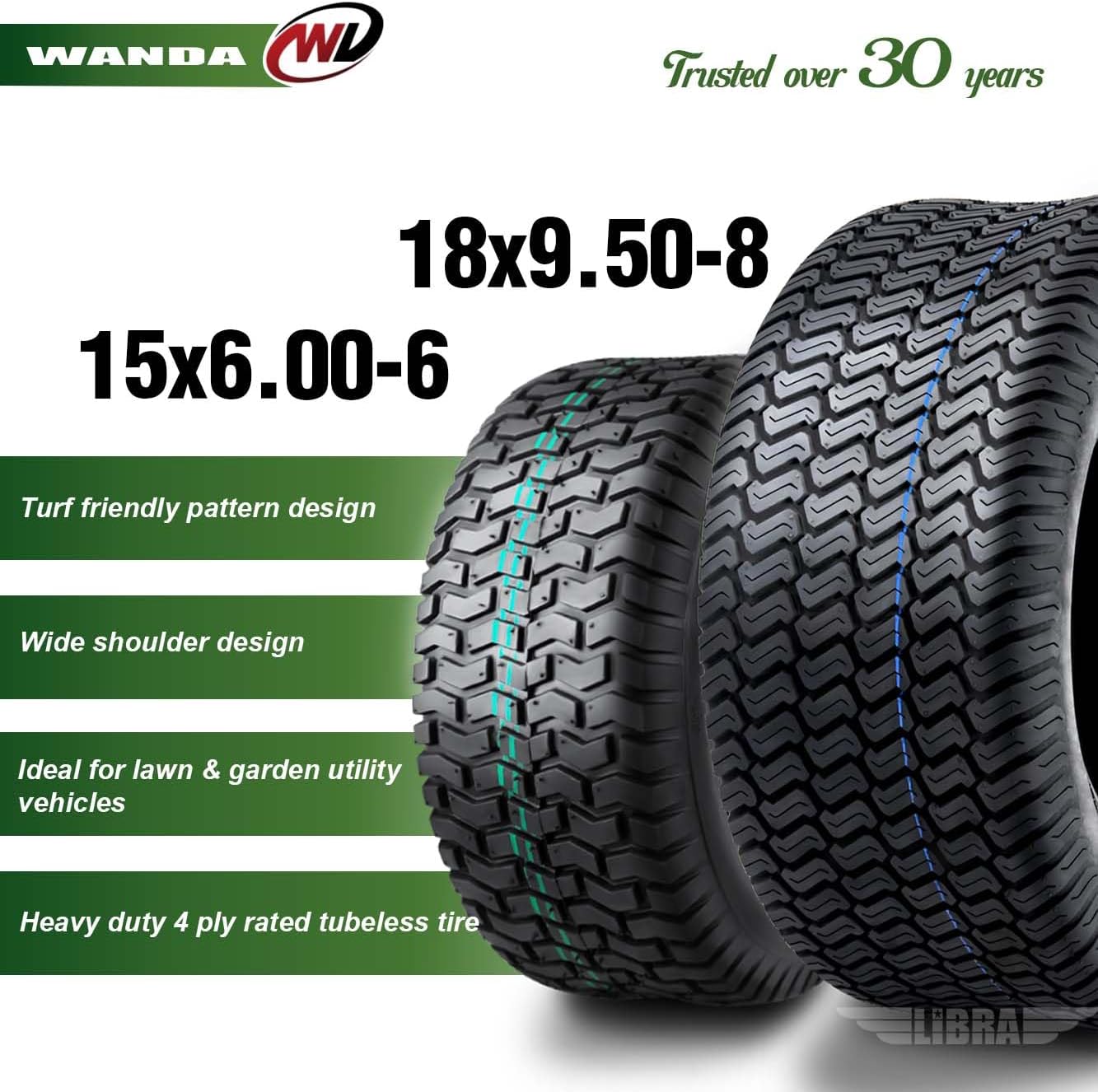 WANDA Set 4 Lawn Mower Turf Tires 16x6.5-8 & 23x10.5-12 /4PR -13019/13049 | Riding Lawn Mover, Garden Tractor