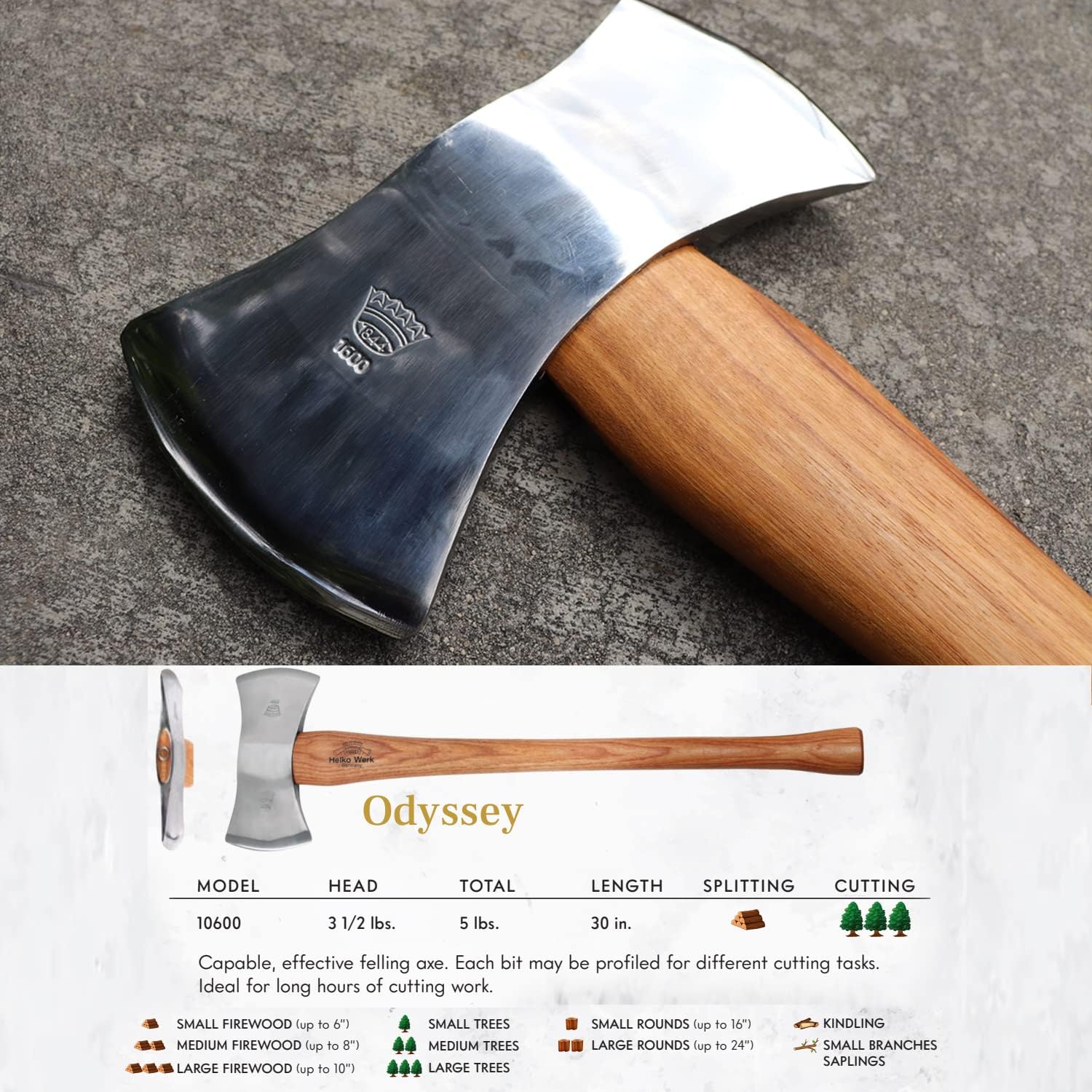 1844 Helko Werk Germany Classic Expedition Felling Axe (10497) | Made in Germany Large Felling Axe for Heavy Duty Felling Trees Cutting Wood and Timber Head 4.5lb, Handle 35 inches