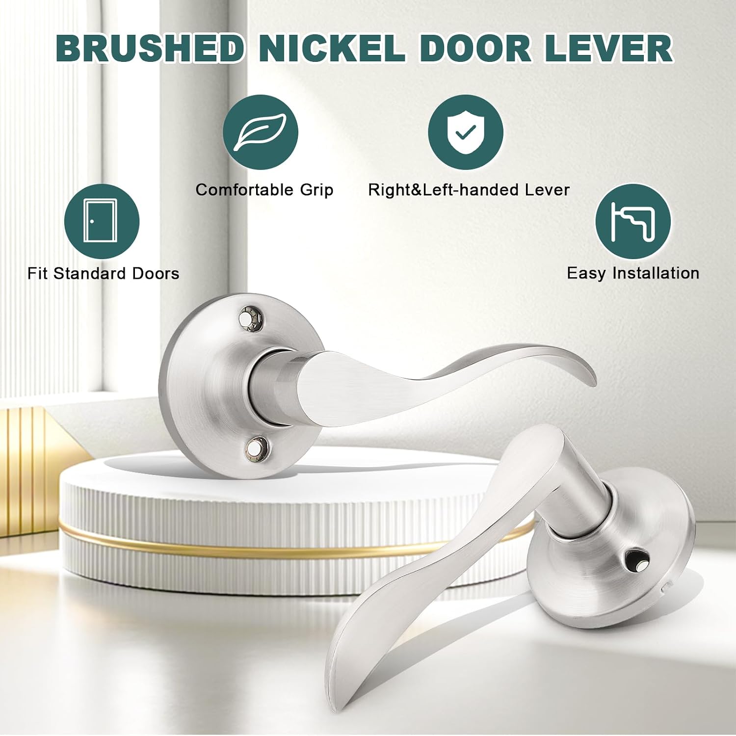 GOBEKOR 1 Pack Privacy Door Levers Brushed Nickel Lever Door Handles Interior for Bedroom and Bathroom Door Locks Wave Door Handles