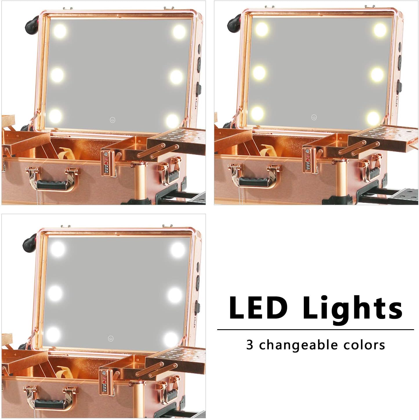 Large Makeup Train Case with Speaker & Code Lock & Full Screen Lighted Mirror & 3 Light Colors Lighted Rolling Cosmetic Organizer