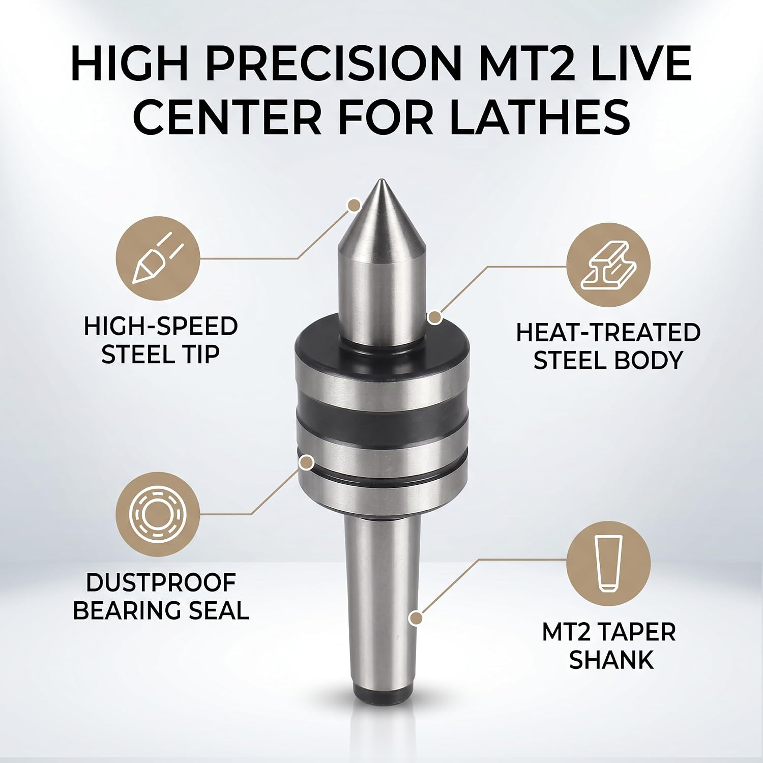 MT2 Live Revolving Center for Lathe Tailstock Machine | Bearing Steel, 55-60HRC Pointed Part 45-50HRC Main Part Quenching Hardness, 0.01 Accuracy