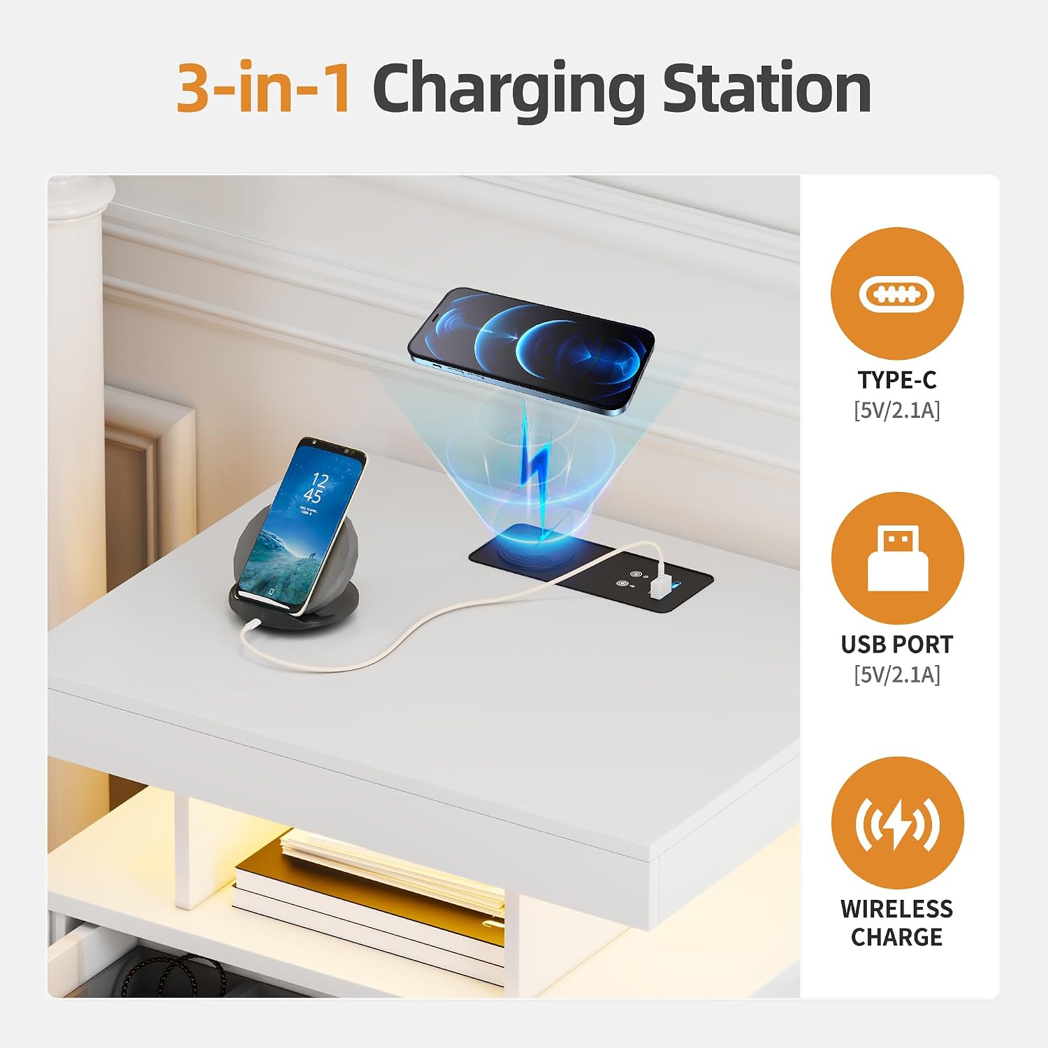 Lockable Night Stand with Gun Drawer,Charging Station,LED Lights,White | LED Nightstand with Charging Station,Farmhouse Bedside Table with 3-Color Light,End Table with 3 Drawers,Bedroom