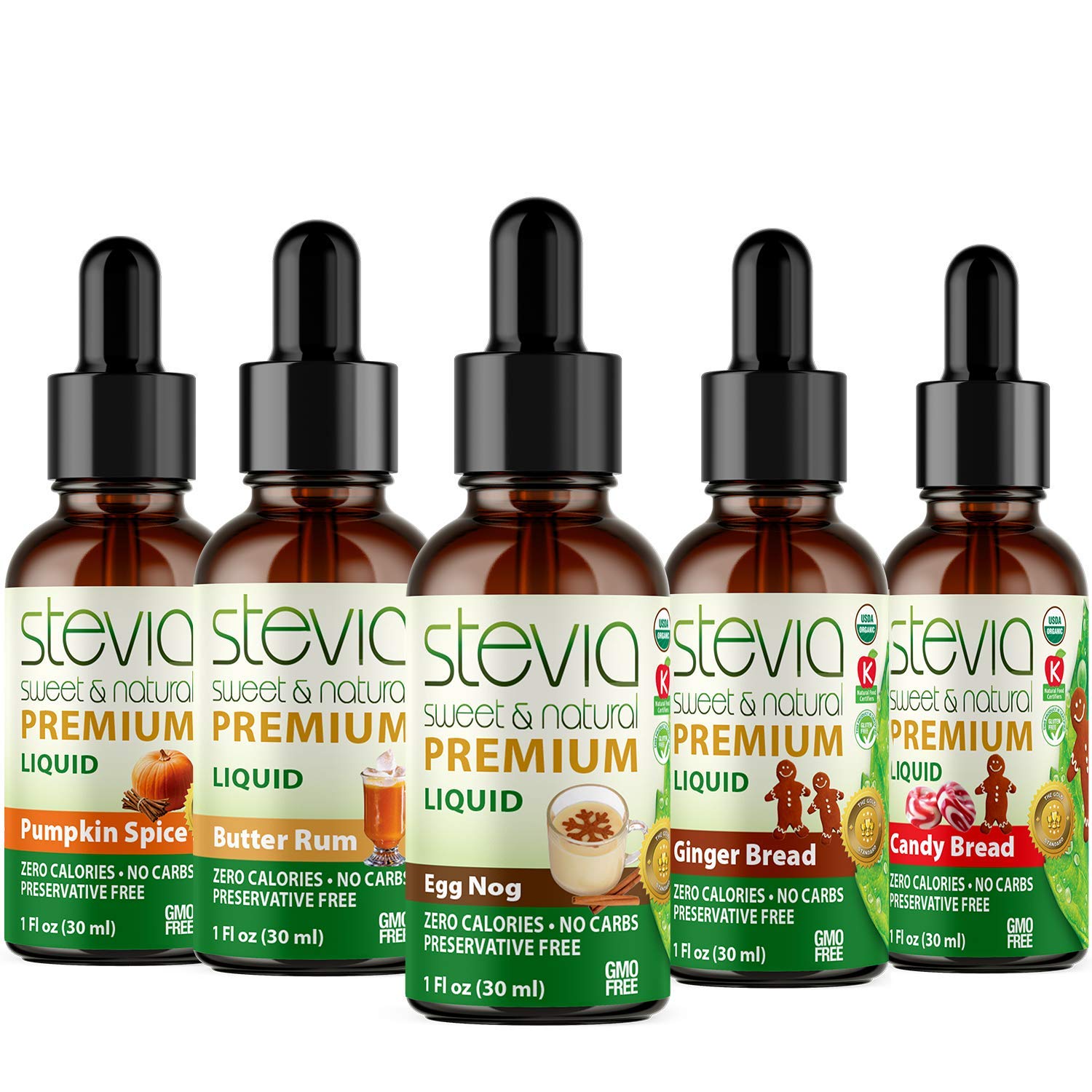 Stevia Intl - Holiday & Seasonal Special (Pack of 5). Premium Stevia Drops with 5 Flavors in Glass Bottles. 100% All-Natural Sweet, Non-Bitter