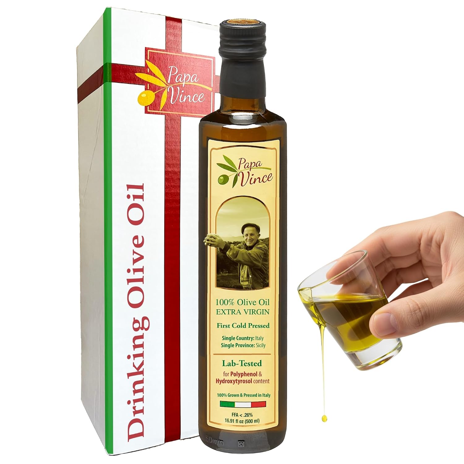Papa Vince Hydroxytyrosol Lab-Verified Olive Oil - Drinking EVOO, Fresh Taste, High in Polyphenols, First Cold Press, Family Harvest, Sicily, Italy