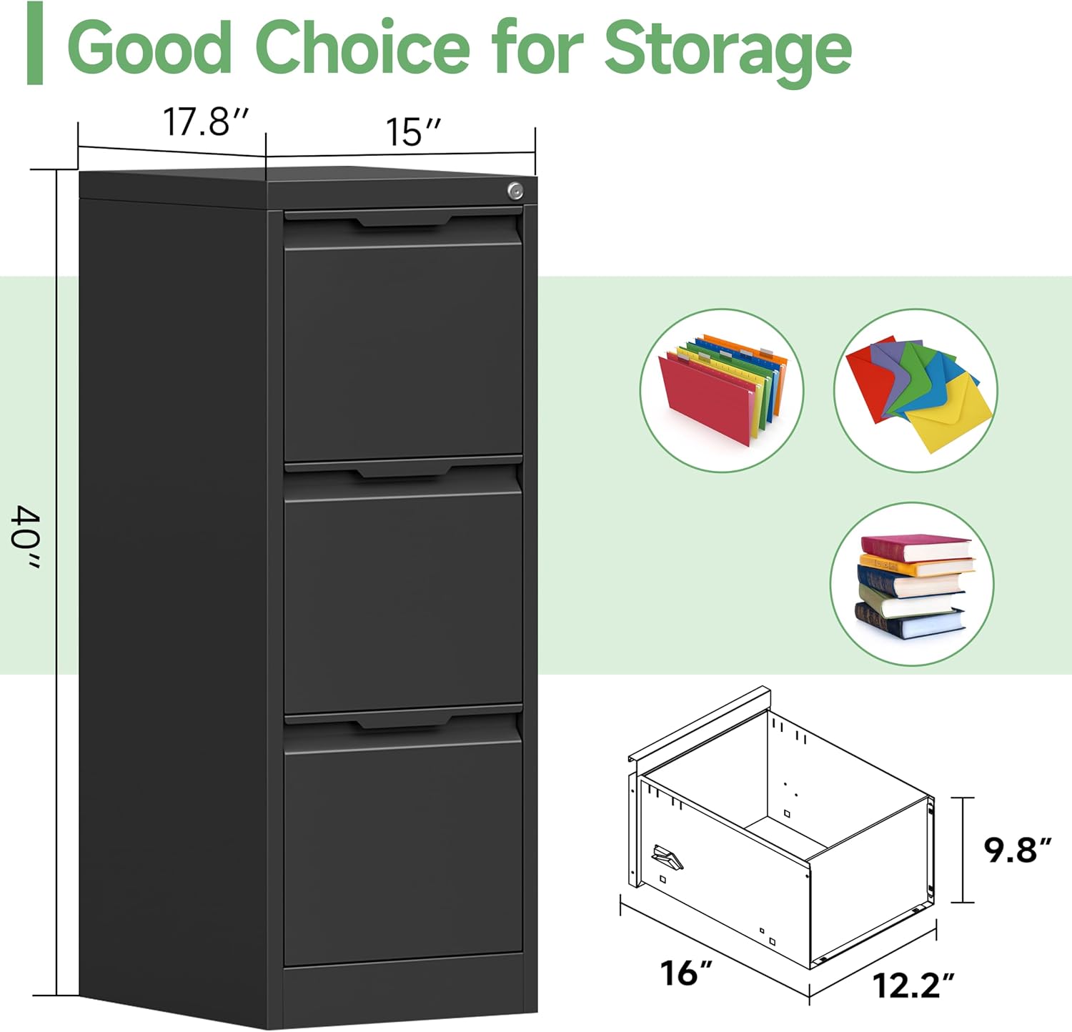 3 Drawer File Cabinet with Lock,Filing Cabinets for Home Office,Metal Small File Cabinet for Letters/Legal/A4 Size, Assembly Required,Black 3 Drawer-15 W