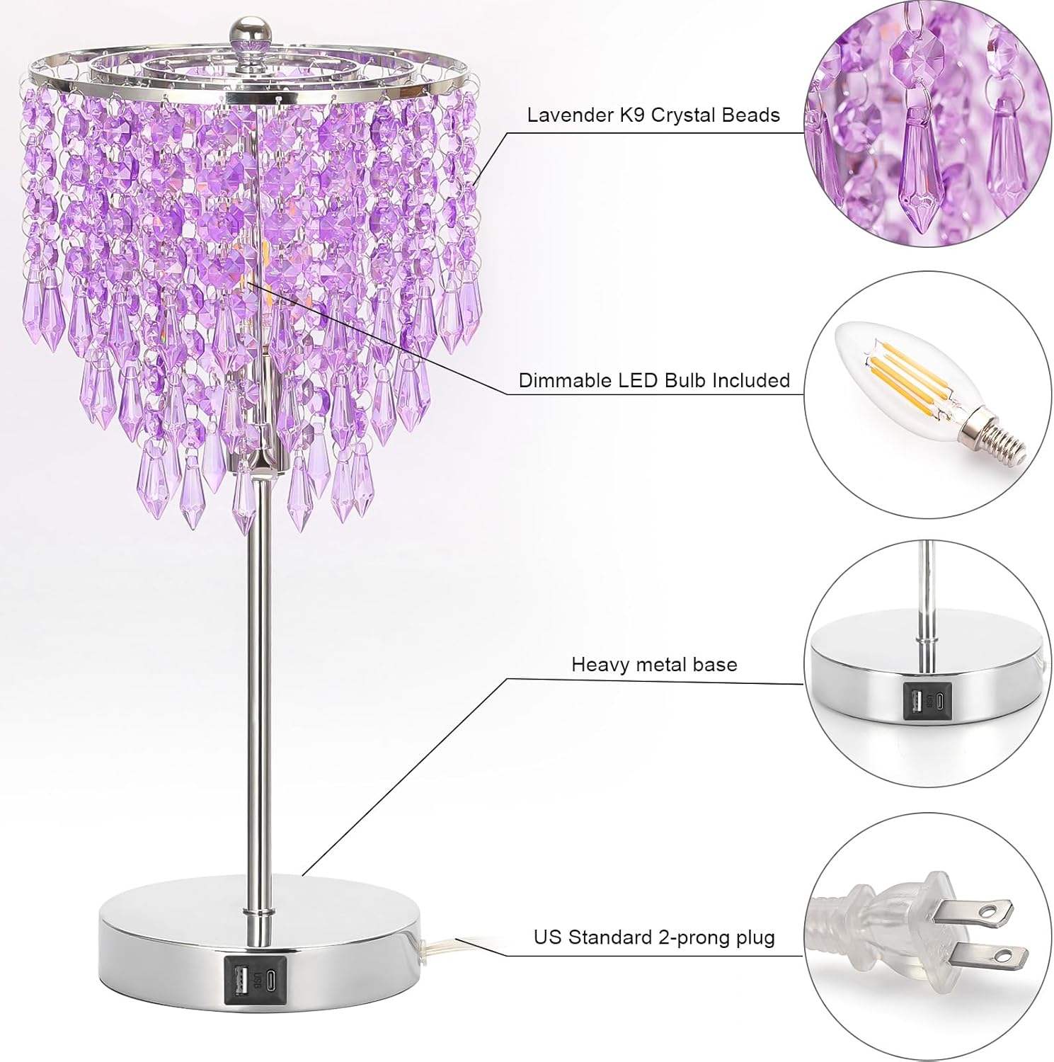 Touch Control Crystal Table Lamp with USB C+A Charging Ports, 3-Way Dimmable Bedside Touch Lamp Decorative Nightstand Lamp with Elegant Lampshade for Living Room Bedroom, B11 LED Bulb Included