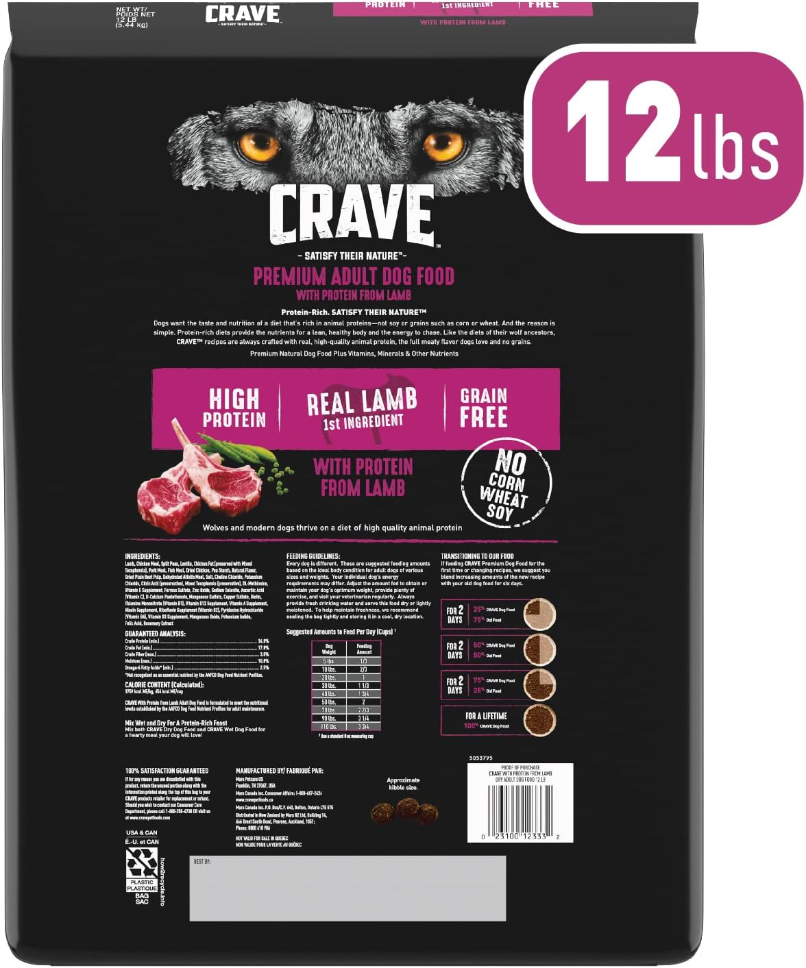 CRAVE Grain Free High Protein Natural Adult Dry Dog Food, Lamb, 4 lb | 34% protein, real animal protein, no by-product meal, no corn, wheat, soy, no artificial flavors, energy support