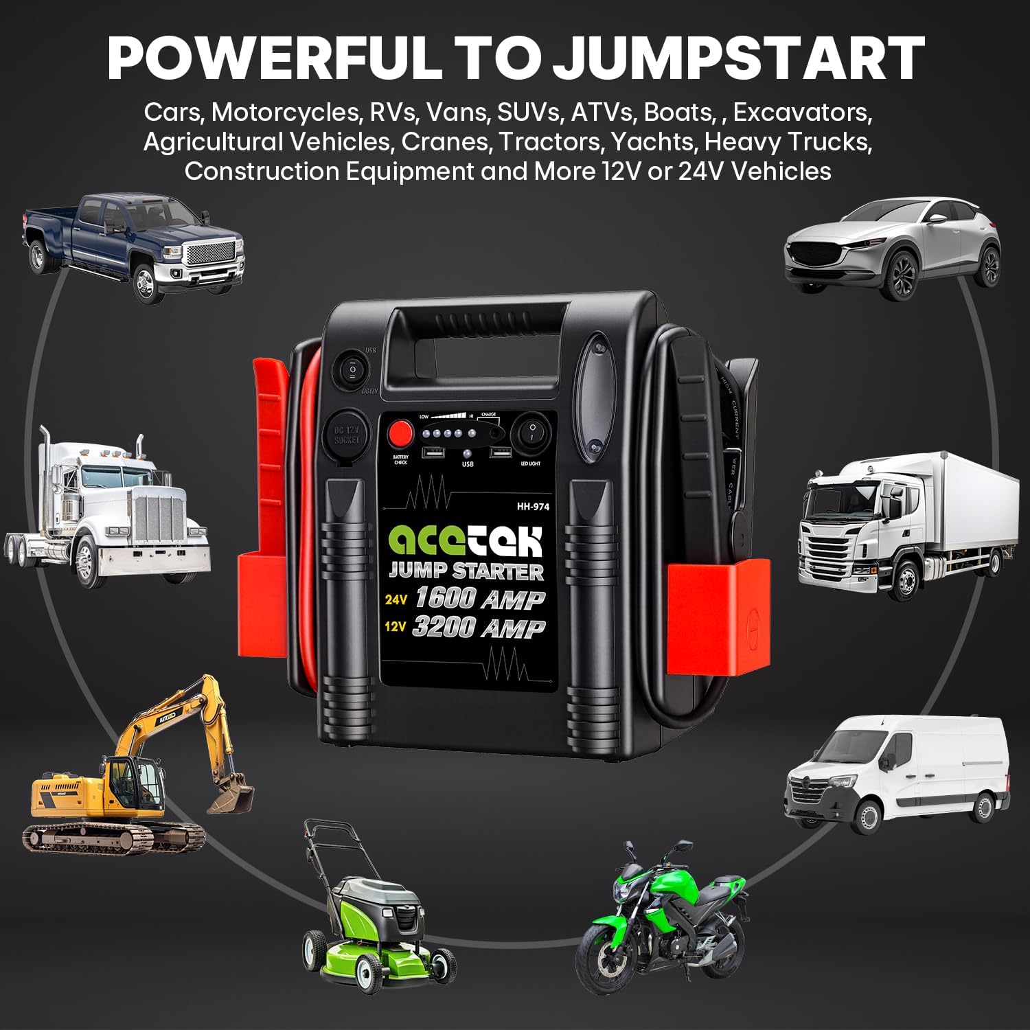 24V / 12V Jump Starter, acetek 1600/3200 Peak Amp Battery Jump Starter for Truck Car Tractor Excavator