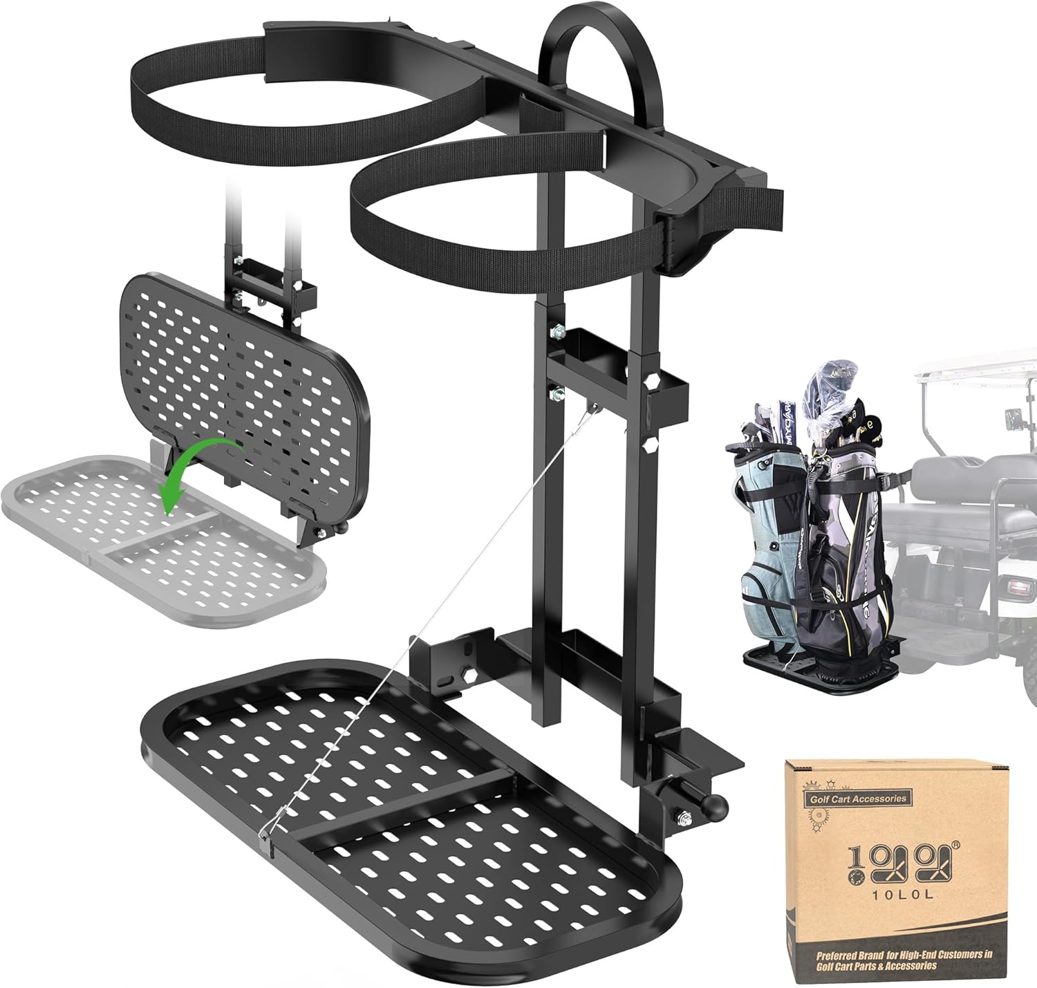 10L0L Universal Foldable Golf Cart Rear Seat Bag Holder - No-Drill Bag Rack for Yamaha EZGO Club Car, Fits Safety Grip Bar up to 8" Wide
