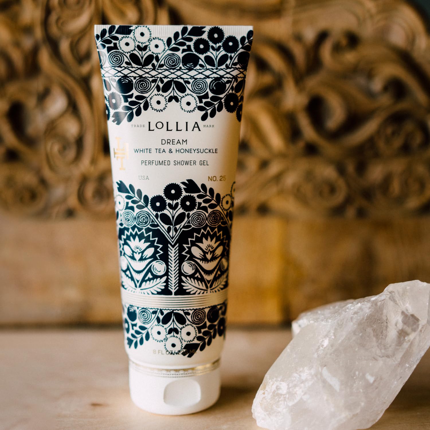 LOLLIA Wish Shower Gel, 8 fl oz, Vanilla Bean, Rice Flower, Jasmine Leaves, & Sugar Cane, Luxury Shea Moisture Hydrating Women's Body Wash, Delicate & Relaxing Scented Bath Soap for Self Care