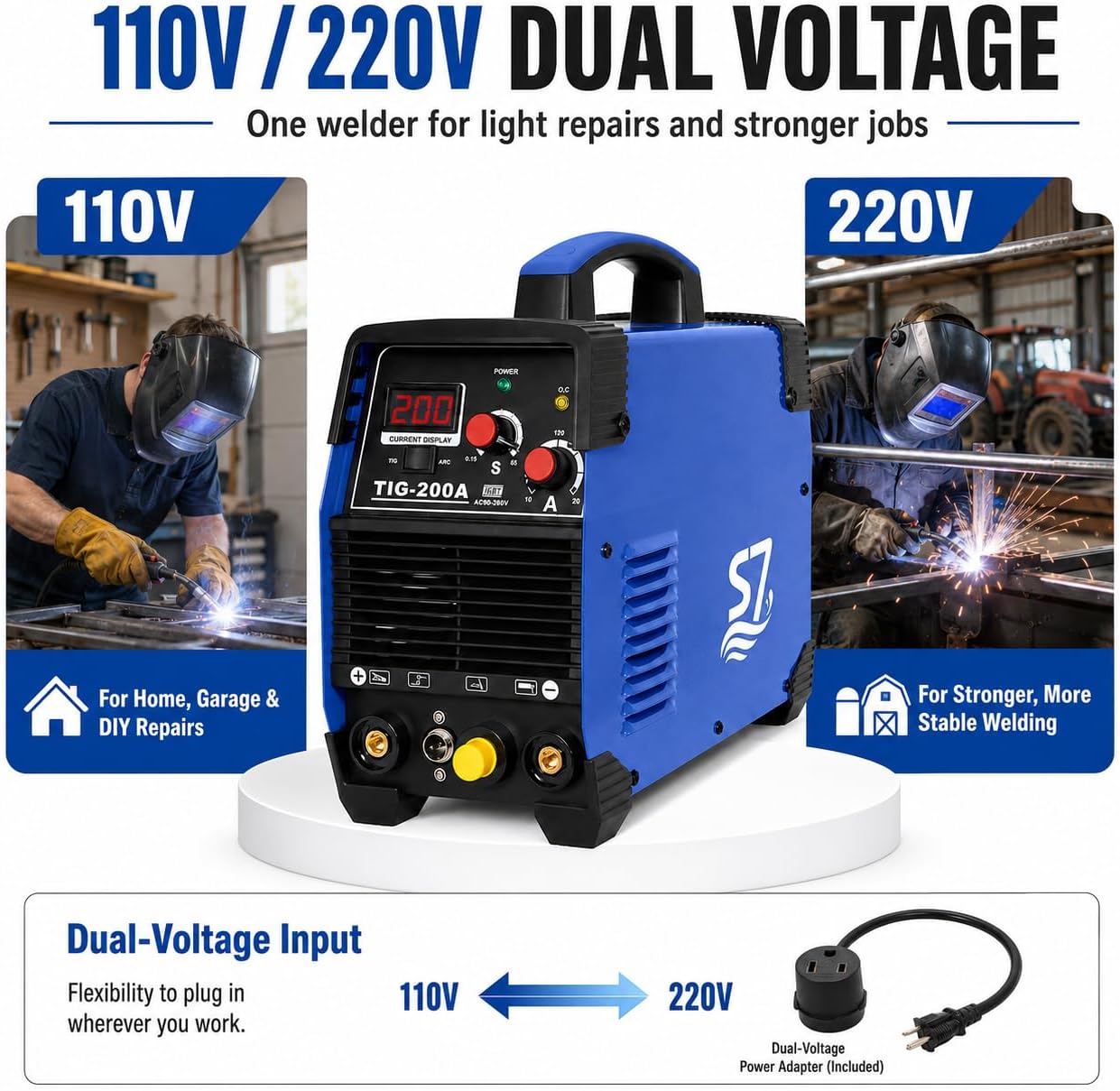 S7 200A HF Start TIG Welder, DC TIG and Stick Welder, 110V/220V Dual Voltage Portable Welding Machine for Garage Repair, DIY Projects