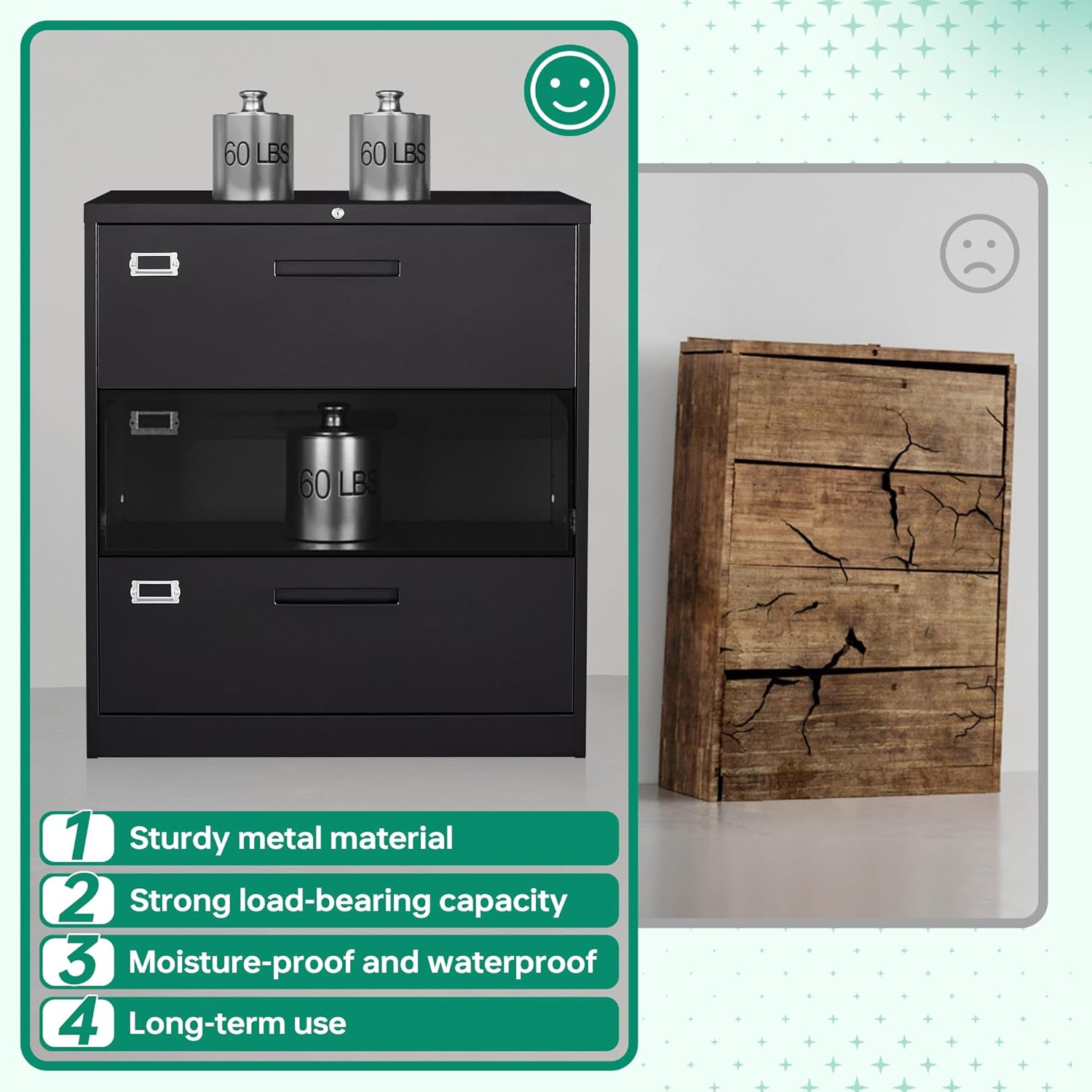 Lateral 3 Drawer File Cabinets with Lock, Metal Filing Storage Vertical Cabinets