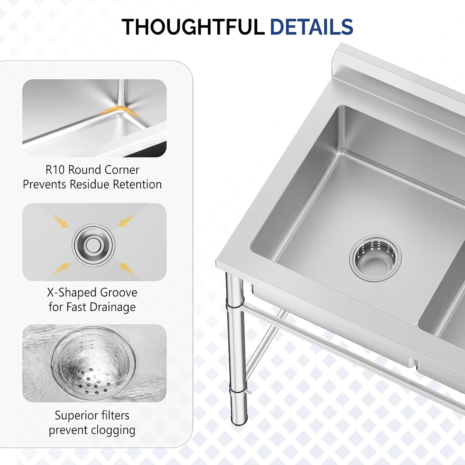 Bonnlo 3-Compartment NSF 304 Stainless Steel Utility Sink Commercial Grade Laundry Tub Culinary Sink for Outdoor Indoor, Garage, Restaurant, Kitchen