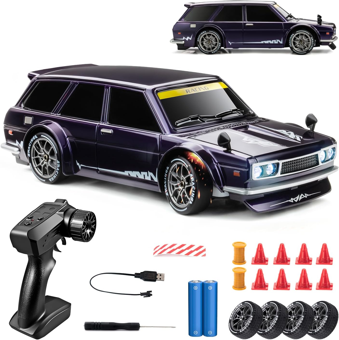RC Drift Car Purple Racing Livery 1/24 Remote Control Car for Adult | 20KM/H 4WD Low/High Speed RC Cars with LED Lights, Extra Drifting Tires, Vehicle for Kids Boys Girls Beginners Indoor Outdoor