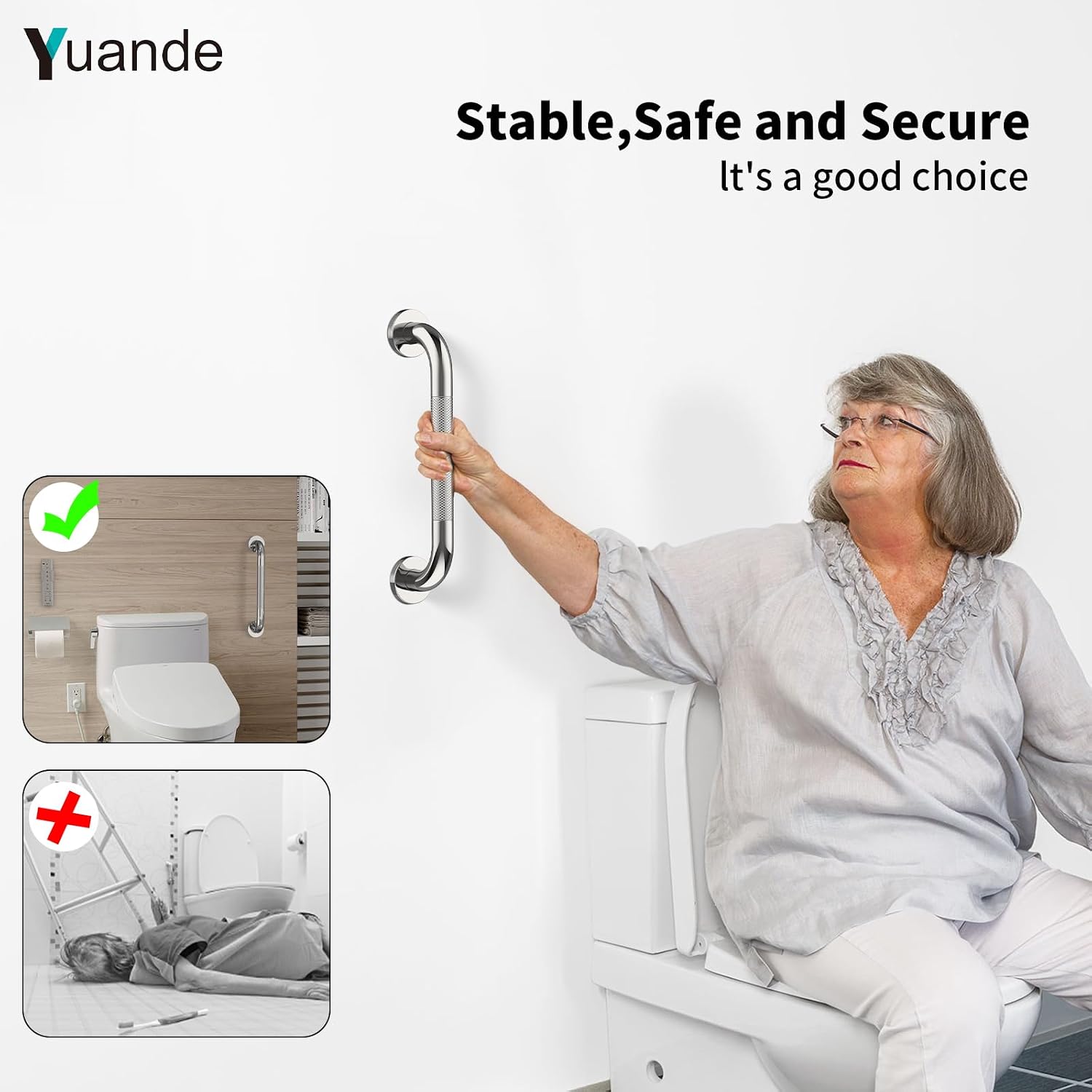 40 Inch Brushed Nickel Shower Grab Bar Anti-Slip Knurled Grip,Safety Handle | YuanDe 1.25" Diameter Stainless Steel Bathroom Grab Bars, Handicap Injury Elderly Senior Assist Support Shower Handle-2Packs