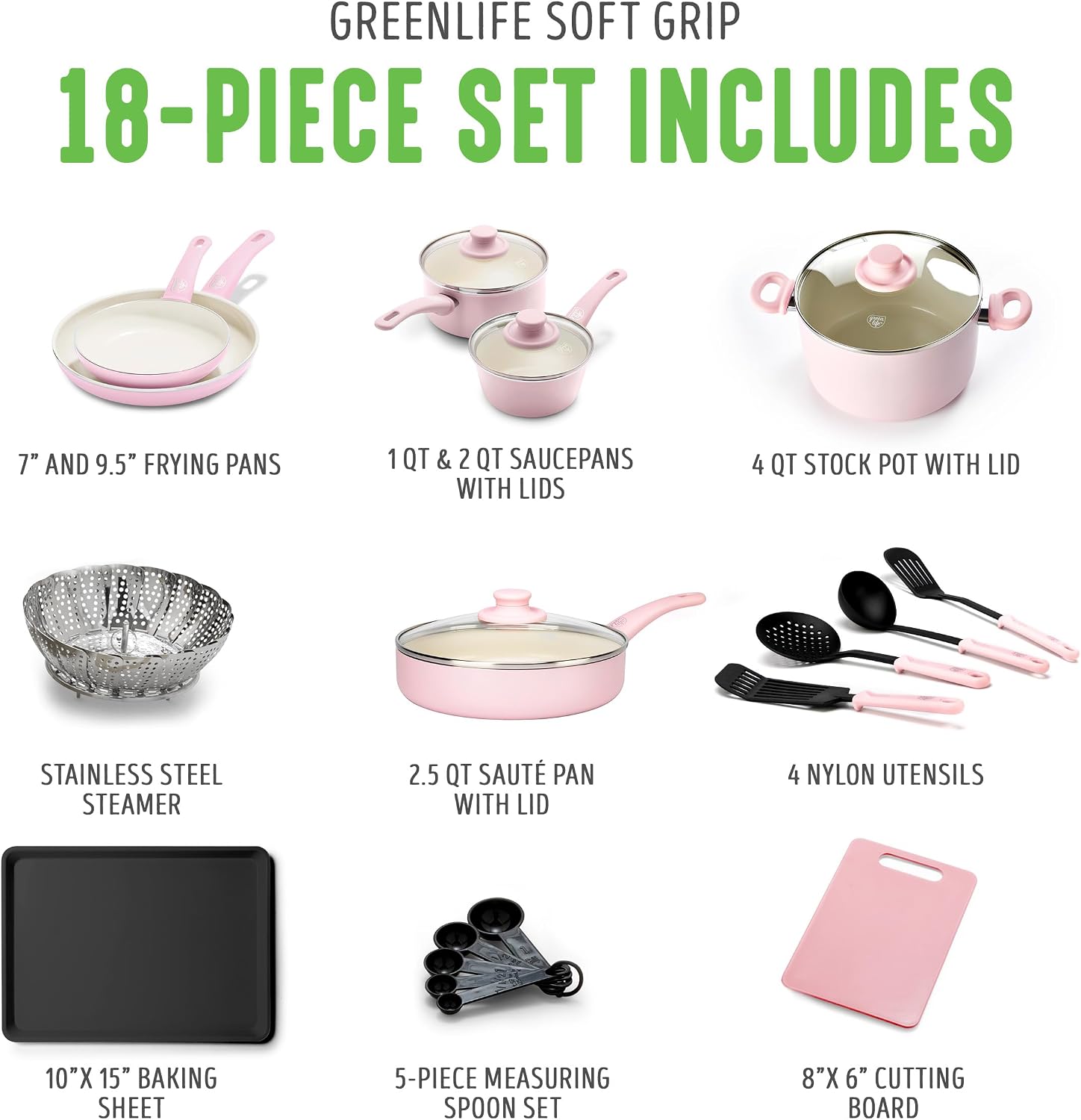 GreenLife Soft Grip Healthy Ceramic Nonstick, 15 Piece Cookware Pots and Pans Set, Induction, PFAS-Free, Dishwasher Safe, Turquoise