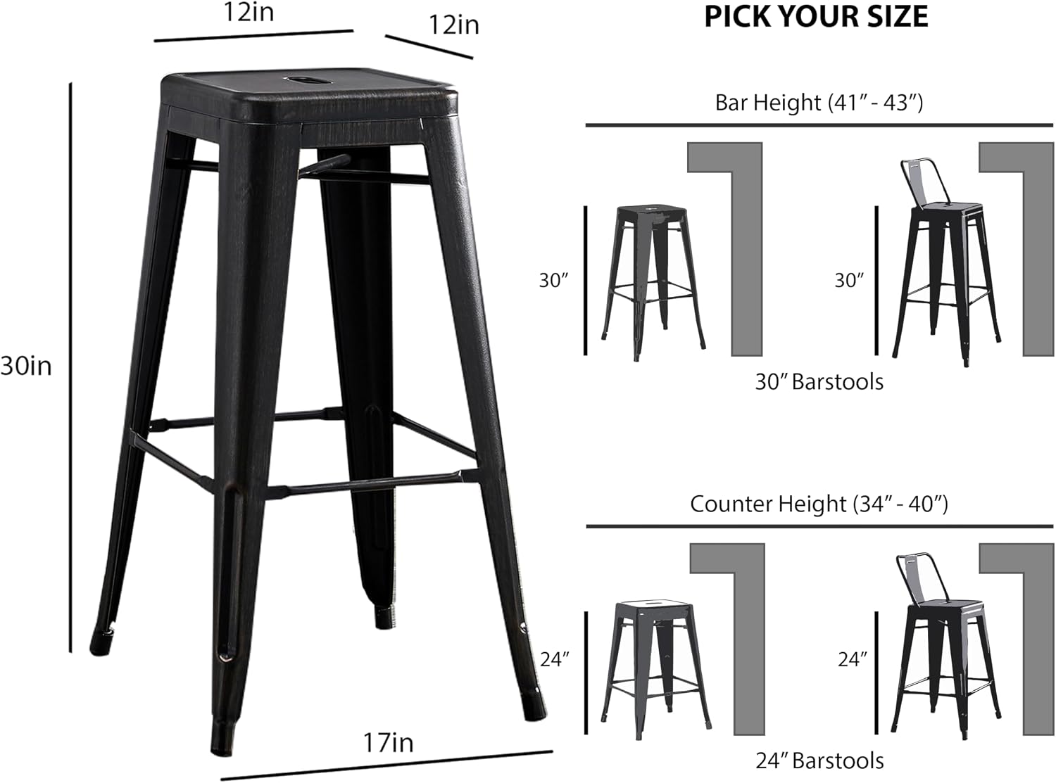 AC Pacific 30” Metal Barstool Set of 2 – Country Rustic Style with Low Back, Lightweight & Sturdy Build, Easy Assembly – Matte Black