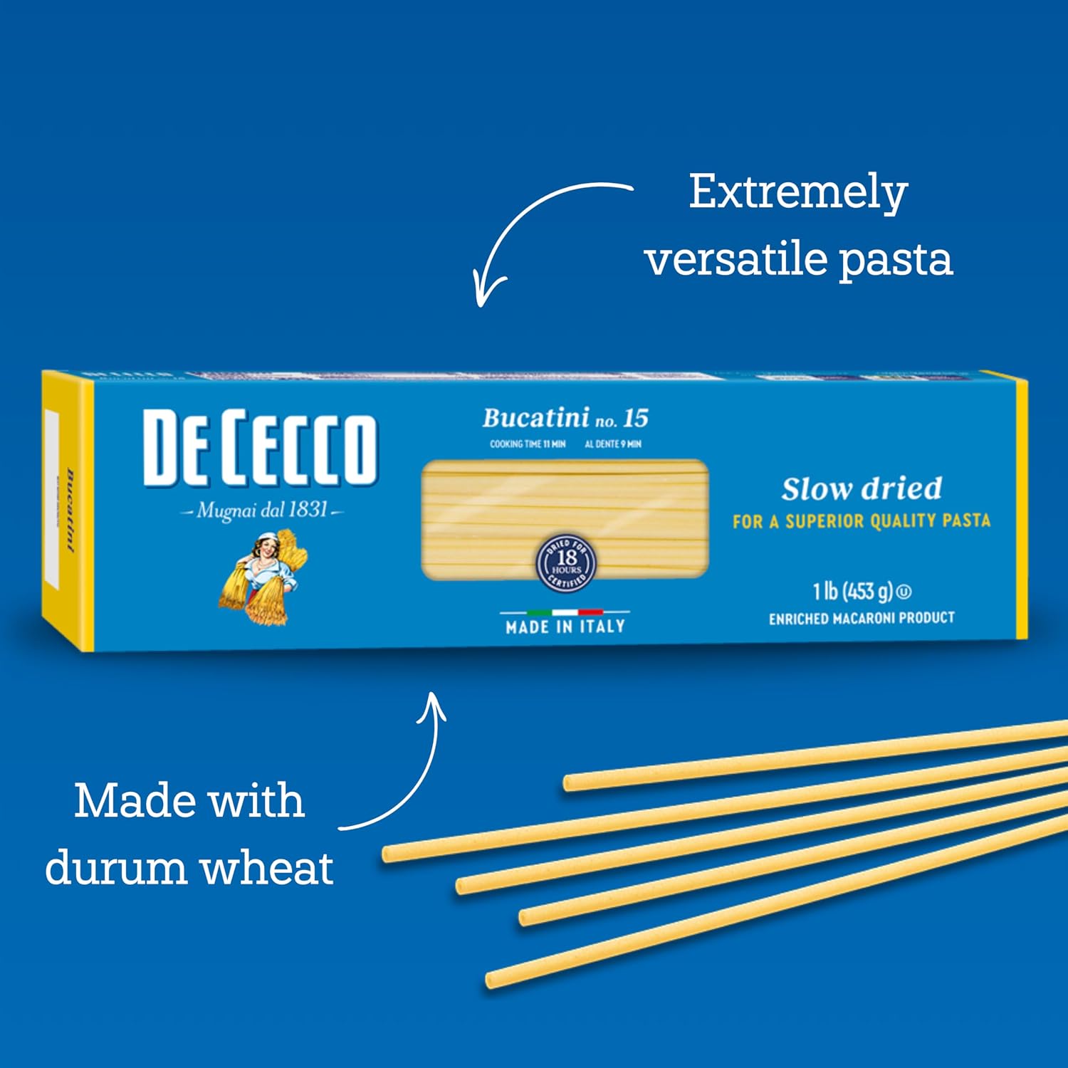De Cecco Bucatini No. 15 Pasta, 16 Oz | Authentic, Slow Dried, Made with Semolina and Durum Wheat, Versatile Pasta for Sauces & Recipes, Made in Italy