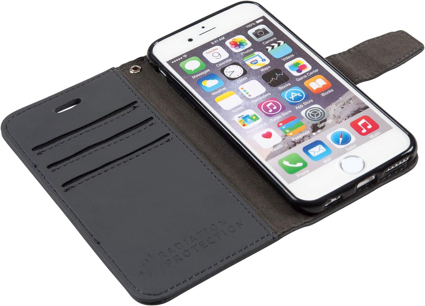 SafeSleeve EMF Blocking Wallet Case for iPhone 6/7/8, Black | EMF Blocker, Card Data Protection, Magnetic Closure, Leather Folio Protection for Daily Use