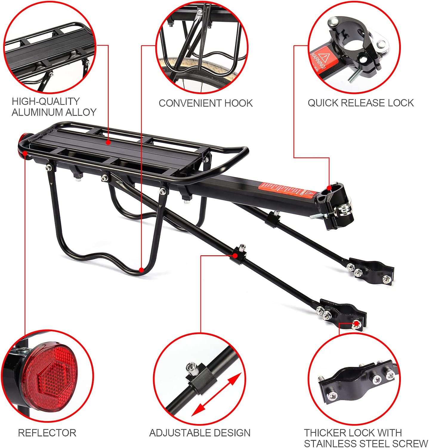 HOMEE Rear Bike Rack, Bike Cargo Racks Frame for 26"-29" Frames | Aluminum Alloy Universal Adjustable Cycling Equipment Stand Footstock Bicycle Luggage Carrier with Tools and Reflector