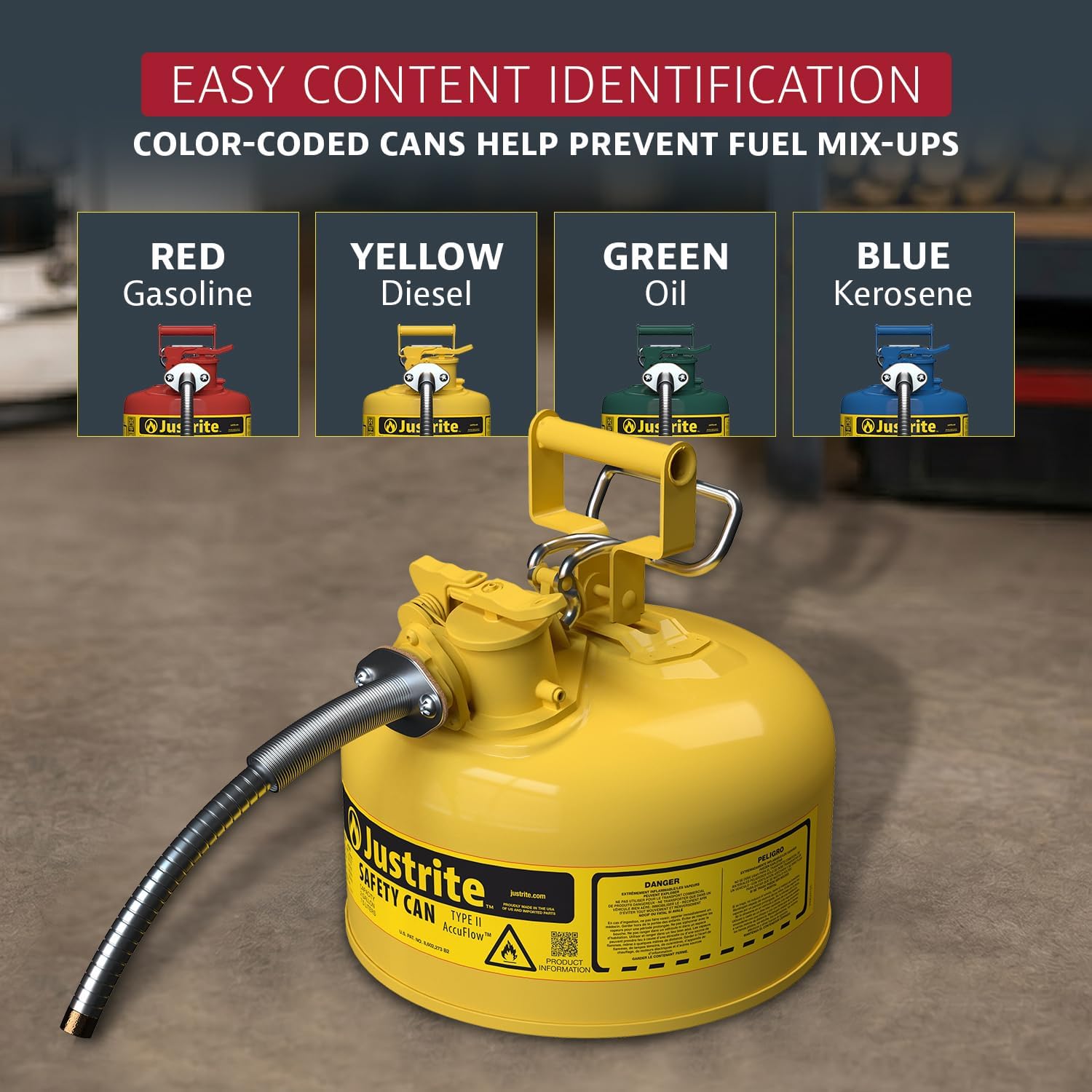 Justrite Type II Diesel Fuel Can, Yellow Galvanized Steel, FM Approved | Flammable Liquid Storage Can with Controlled Pouring, 2 Gallon Capacity