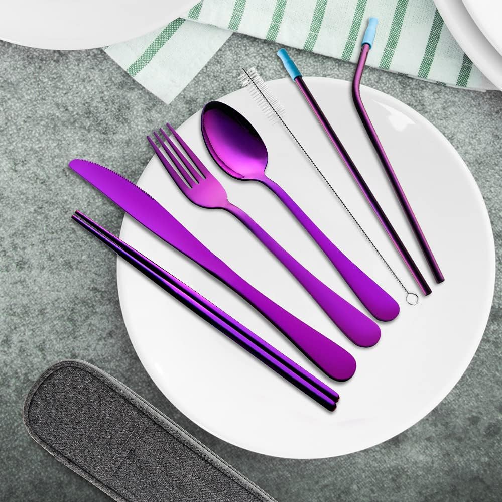 Travel Utensils Set with Case Reusable Portable Cutlery Set Stainless Steel 8pcs Including Dinner Knife Fork Spoon Chopsticks Straws(Rainbow)
