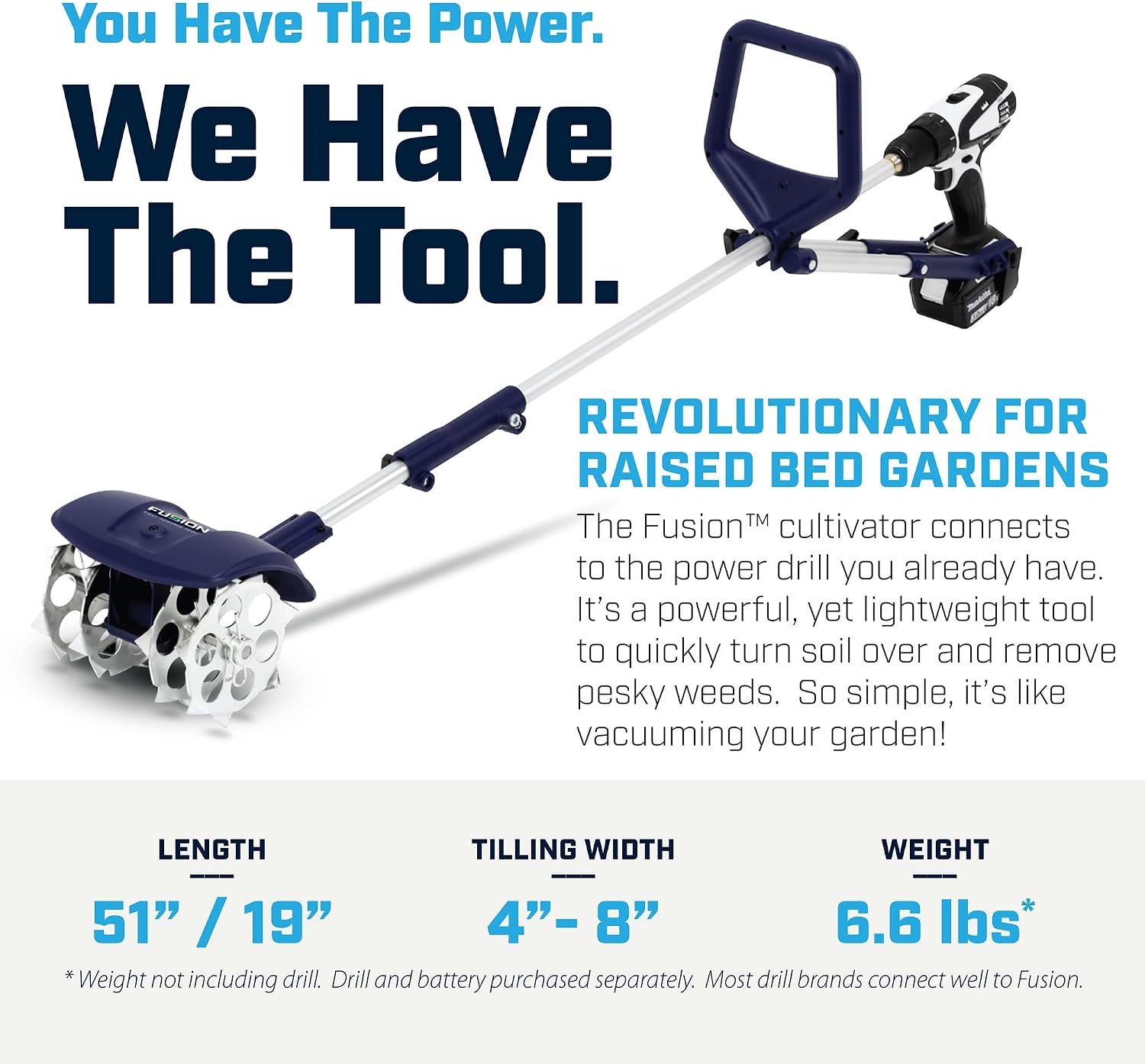 Fusion Drill-Powered Cultivator, Adjustable Tilling Width Up To 8”, Tilling Depth Up To 5.5”, Compatible With Most Cordless Drills