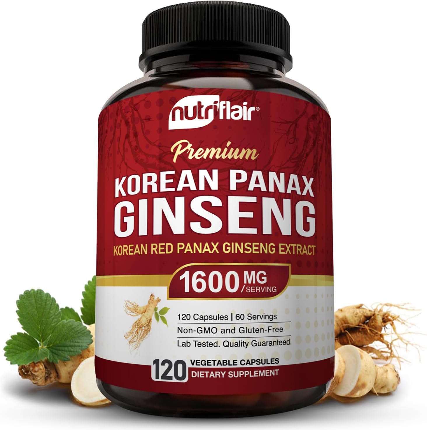NutriFlair Korean Red Panax Ginseng 1600mg – 120 Vegan Capsules | 5% Ginsenosides | Non-GMO