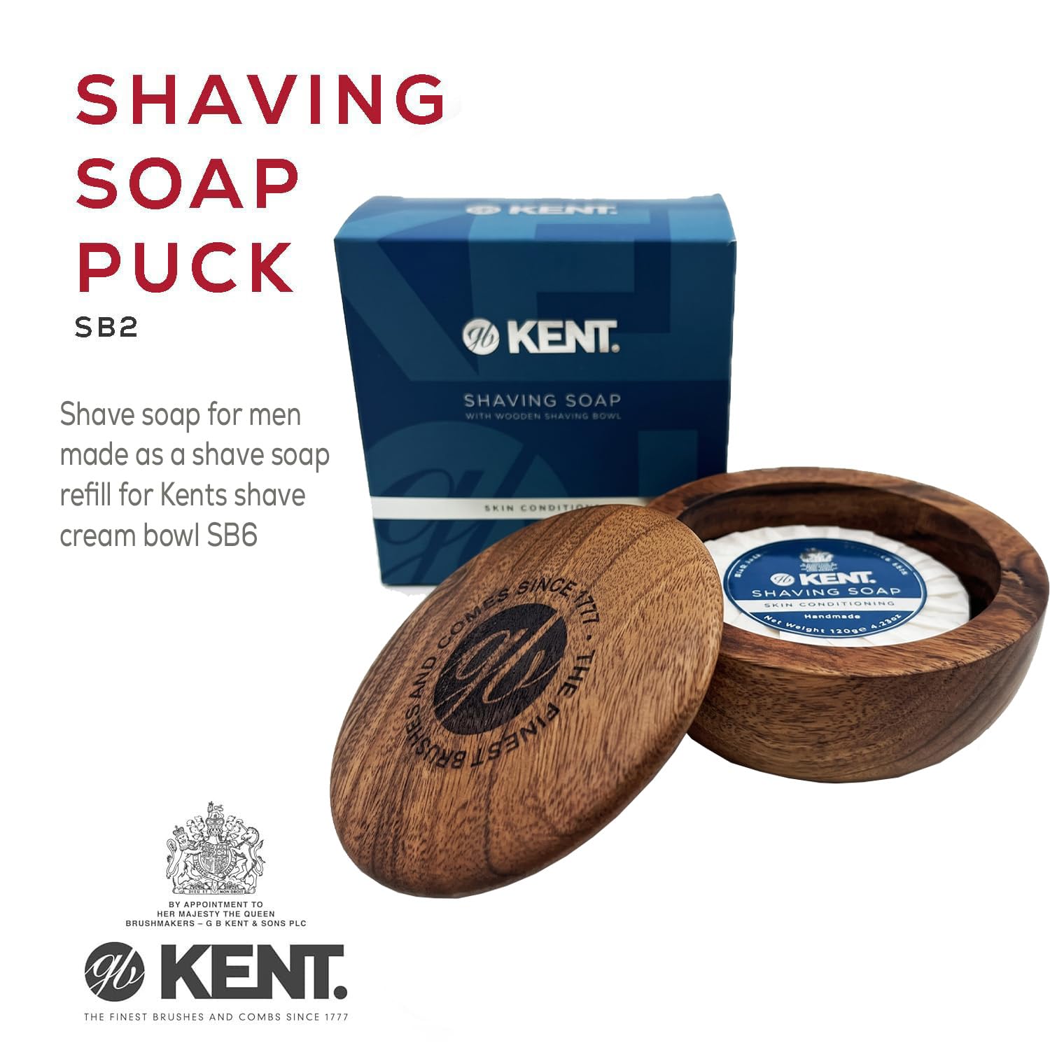 Kent SB2 Shaving Soap Puck Refill for Men for Shaving Soap Bowl Use with Shaving Brush for Men, Luxury Shave Barber Soap Made with Extracts of Coconut, Sgea, Jaboba Made in England