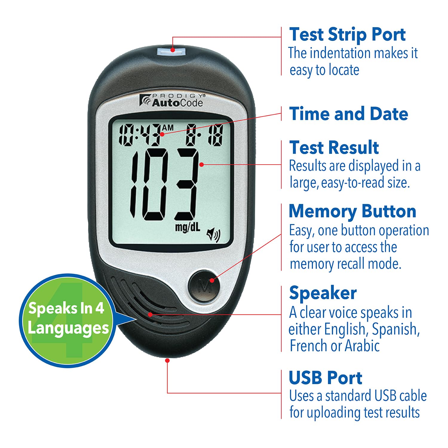 PRODIGY AutoCode Blood Glucose Monitoring System, Talking Meter, No Coding, Adjustable Depth Lancing Device, Twist Top Lancets 28G (10ct)