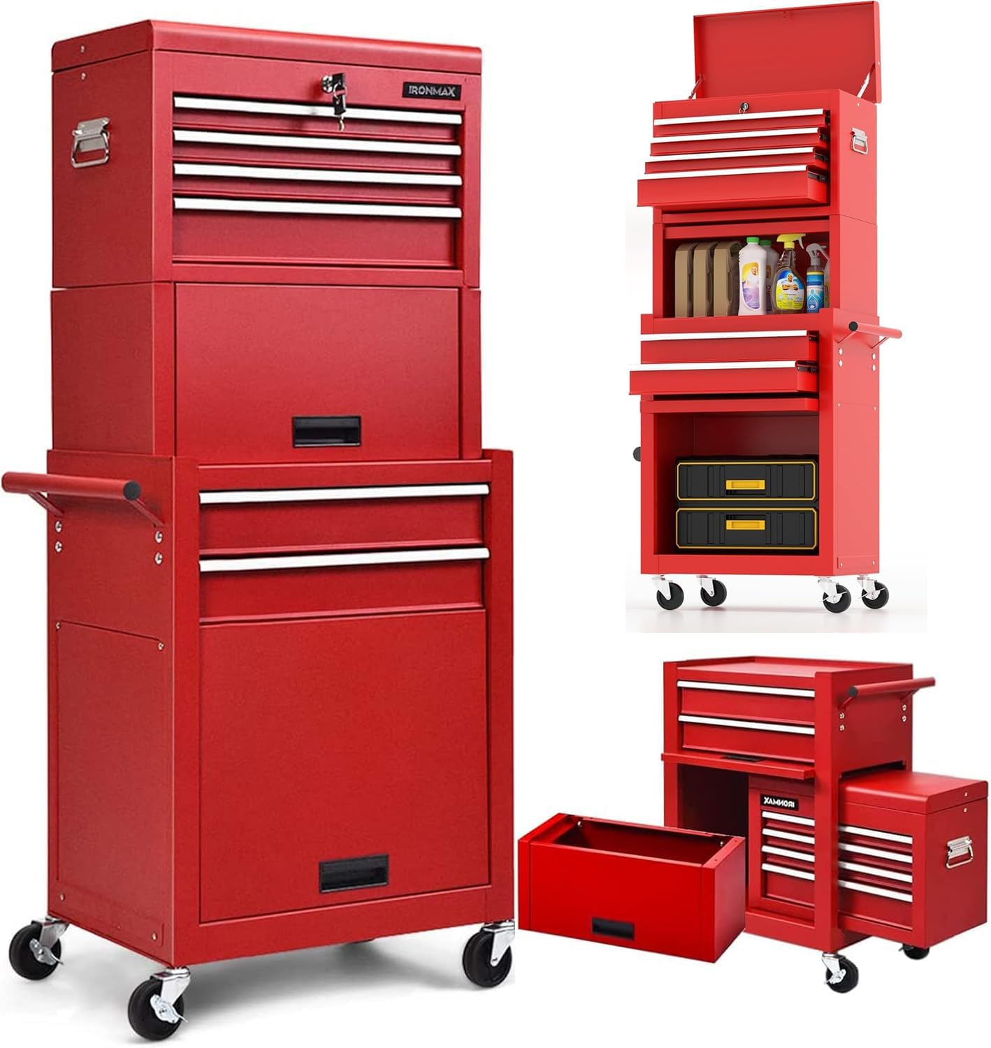 Goplus Rolling Tool Chest, 5-Drawer Tool Box Organizer w/Lockable Wheels & Sliding Drawers & Detachable Top & Adjustable Shelf, Tool Storage Cabinet for Garage Workshop (Red)