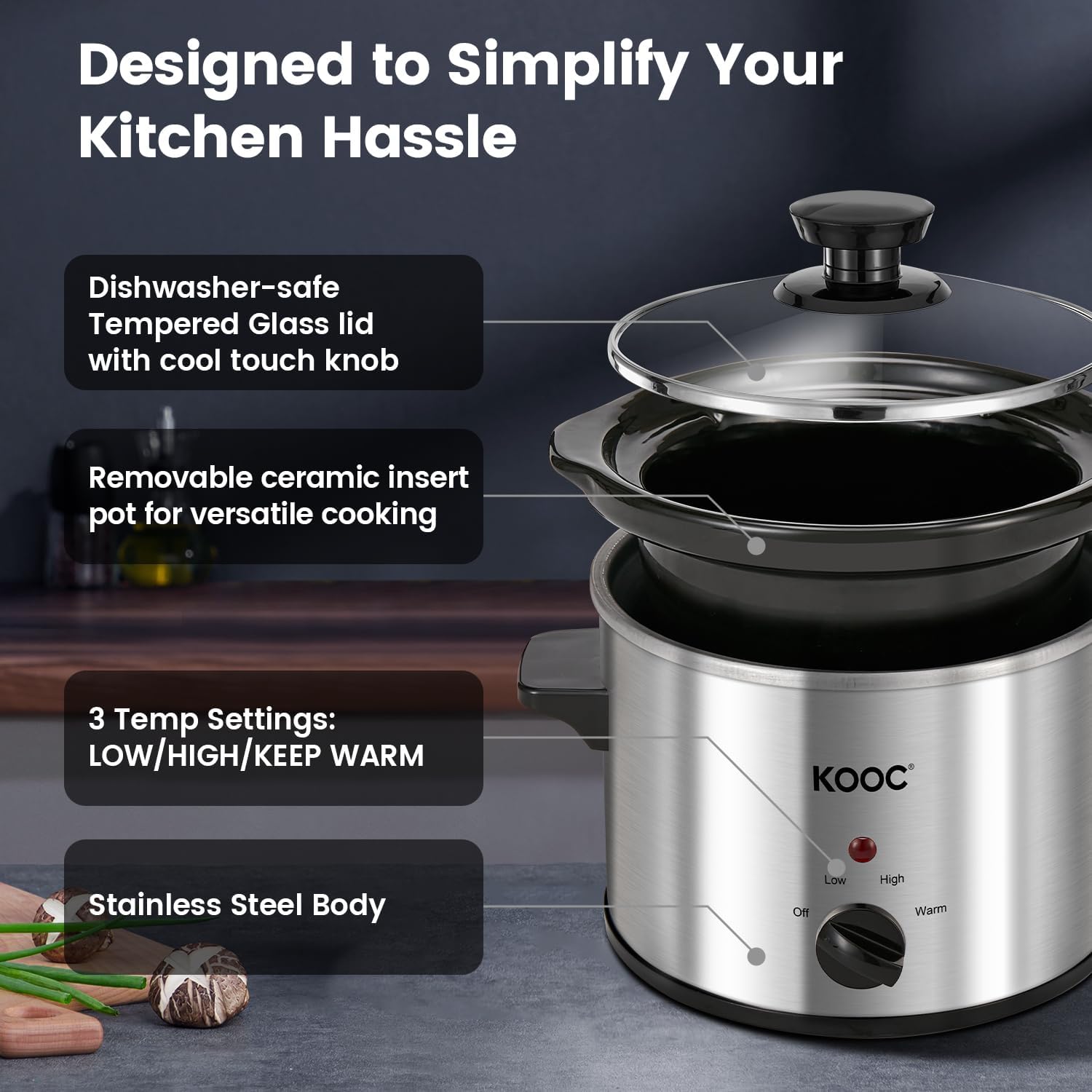 KOOC Small Slow Cooker, 2-Quart, Free Liners Included for Easy Clean-up, Upgraded Ceramic pot, Adjustable Temp, Nutrient Loss Reduction