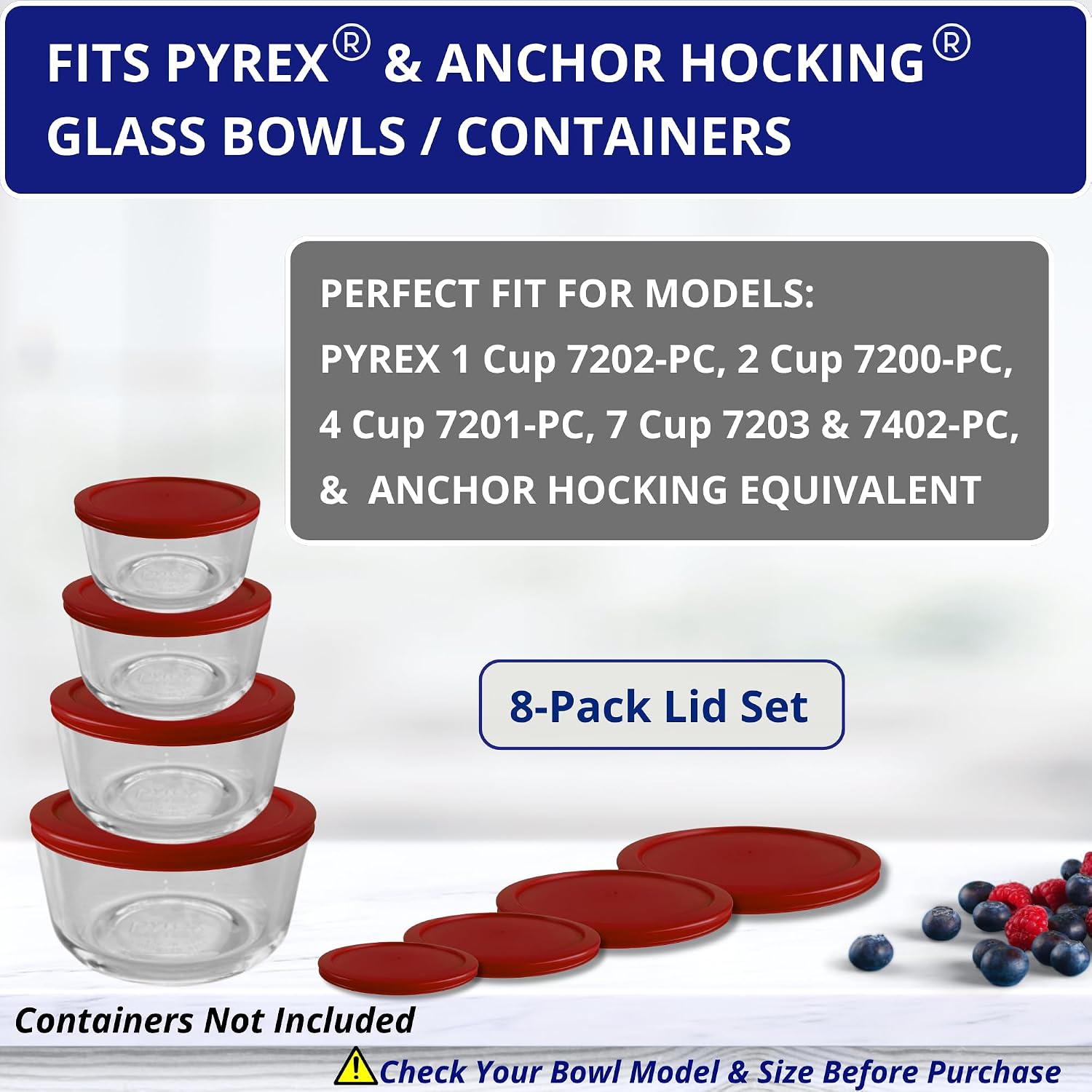 1, 2, 4 & 7 Cup Green, Orange, Blue, Red Replacement Lids/Covers for Pyrex
