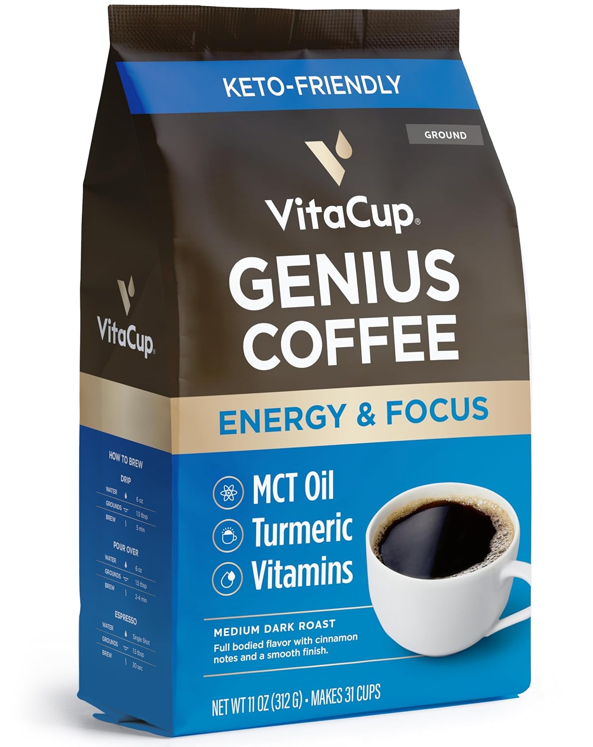 VitaCup Genius Keto Ground Coffee with MCT Oil, 11oz