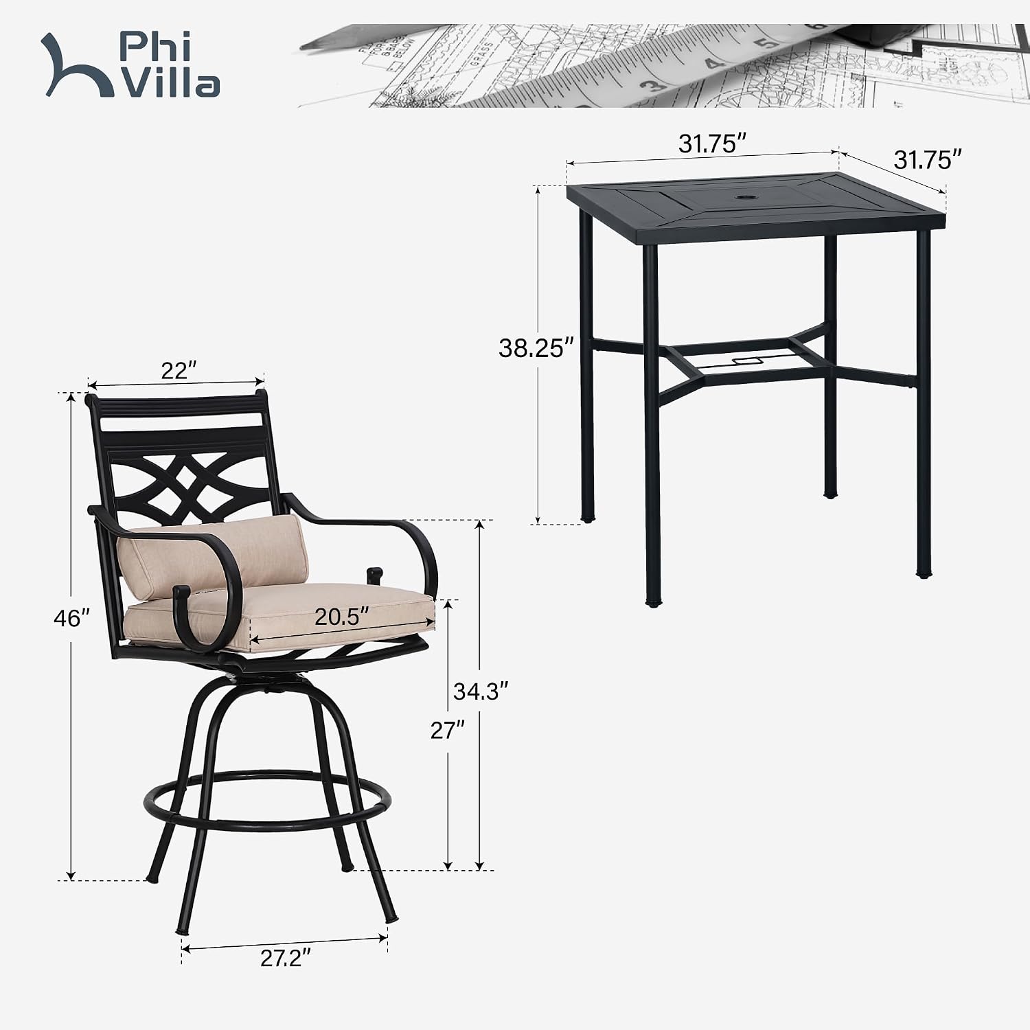PHI VILLA Outdoor Bar Set 3 PCS Patio Bistro Table & Swivel Stools
