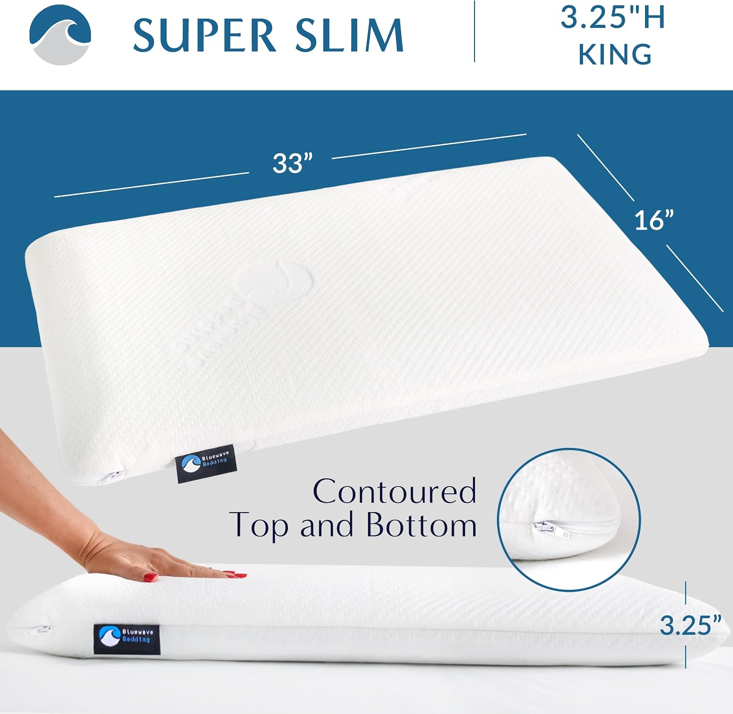 Bluewave Bedding Hyper Slim Gel Memory Foam Pillow for Stomach and Back Sleepers - Thin