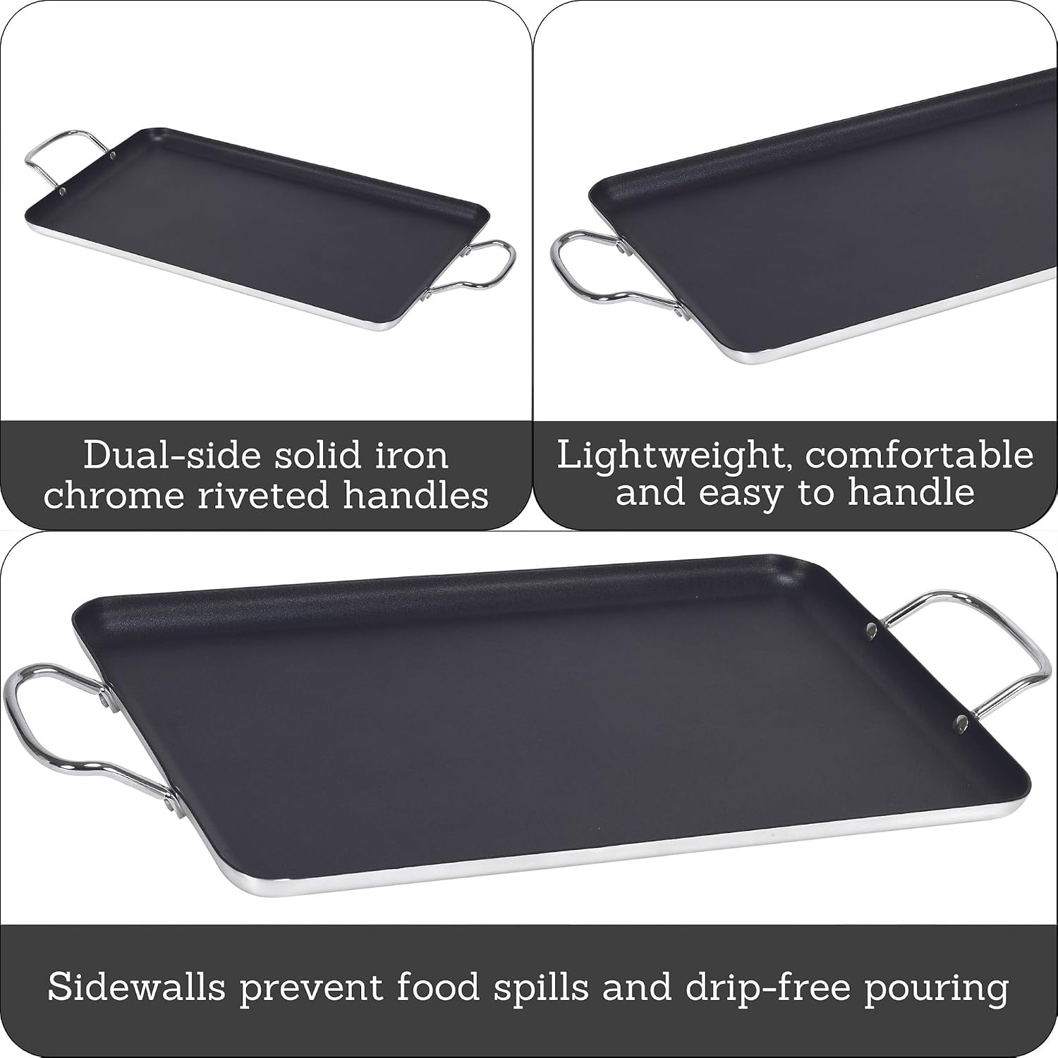 Imusa Double Burner Griddle Non-Stick 20-Inch, Black | Nonstick Coated Surface, Dual Side Handles, Ideal for Breakfast Foods, Perfect for Gatherings