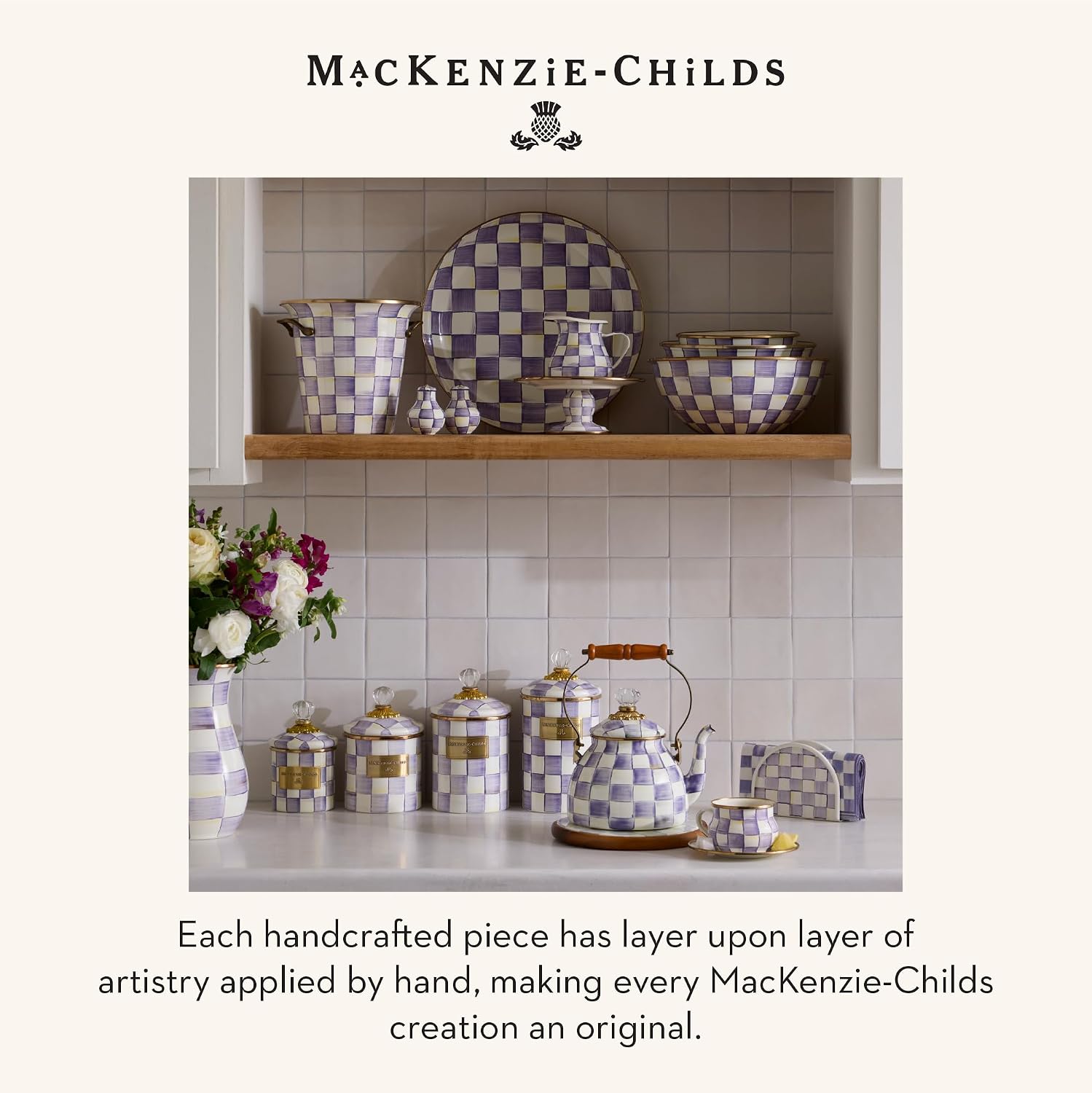 MACKENZIE-CHILDS Pedestal Platter, Mini, Black-and-White Courtly Check | Hand-painted design, made from enameled steel, stackable round cake stand for serving desserts, 8" dia. x 3" H