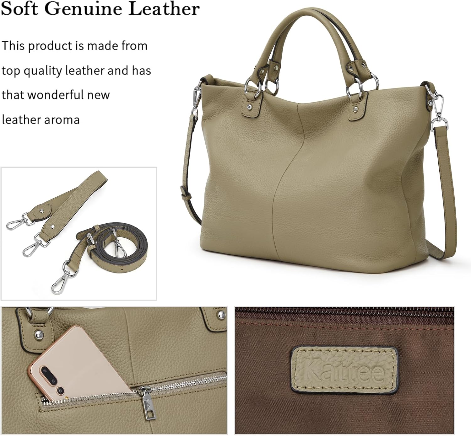 Kattee Genuine Leather Tote Purse for Women, Top Handle Satchel | Soft genuine leather tote with roomy storage and versatile carry for work, shopping, and travel.