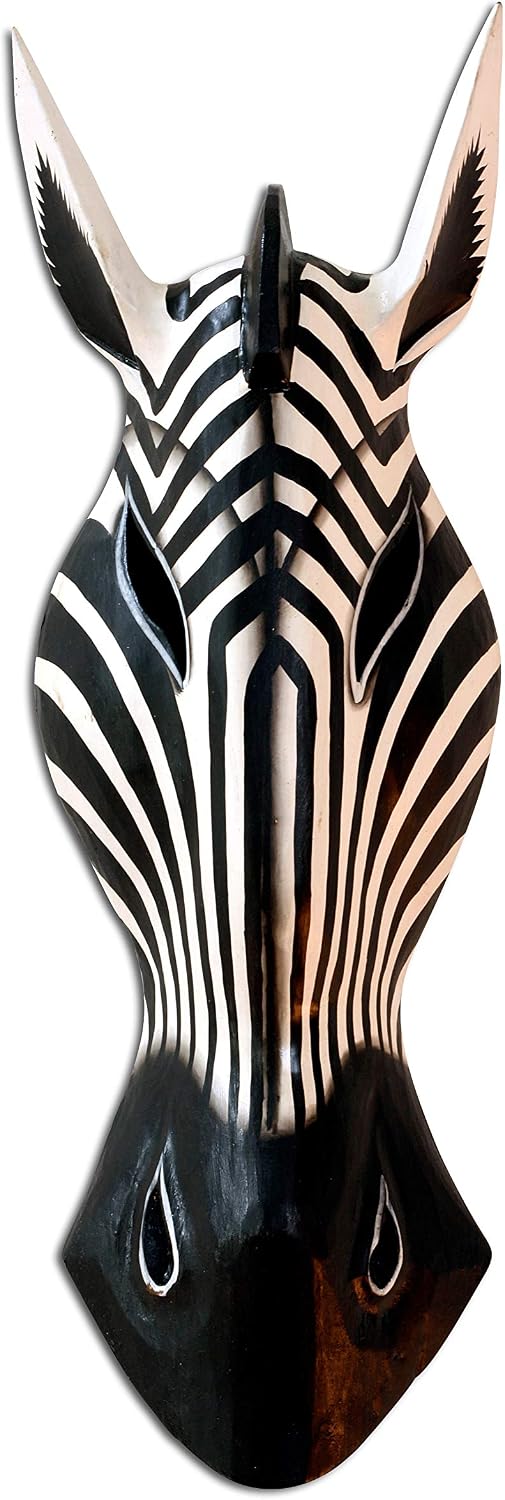 G6 COLLECTION Wooden Tribal Zebra Mask Black White Stripe Hand Carved Wall Plaque Hanging Home Decor Accent Art Unique Sculpture Decoration Handmade Handcrafted Decorative Zebra Black White (20" Tall)
