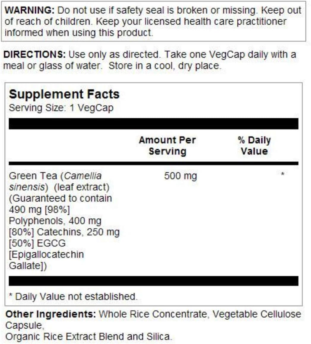 SOLARAY Guaranteed Potency Green Tea Leaf Extract Double Strength, Veg Cap (Btl-Plastic) 500mg | 30ct