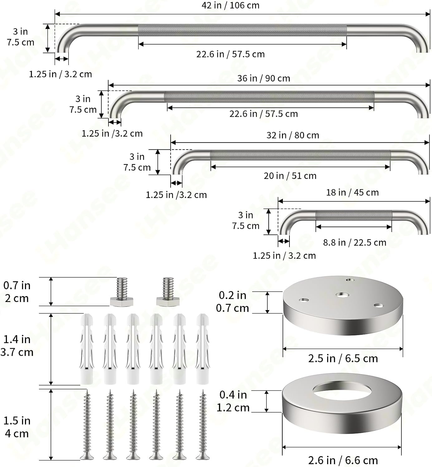 Brushed Nickel Grab Bars 18" 32" 36" 42" Bundle - 1.25" Diameter | 4 Pack Commercial Grab Bar, Anti-Slip Safety Shower Handrail, Toilet Handicap Bar, Stainless Steel Bathroom Handle for Senior
