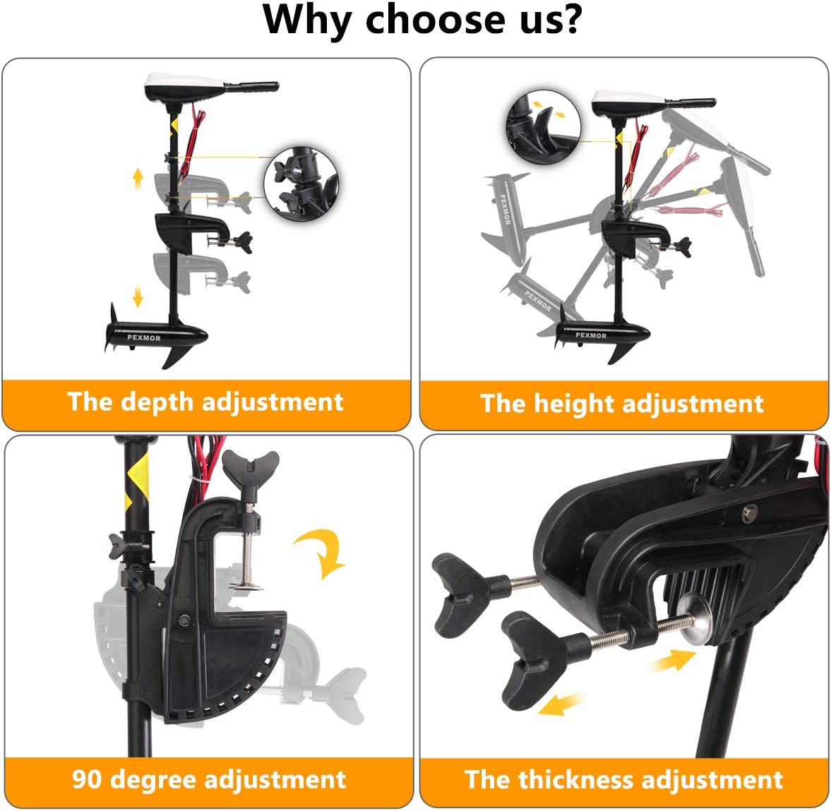 PEXMOR 8 Speed Electric Trolling Motor, Electric Outboard Boat Motor w/Adjustable Handle & LED Indicator, Transom Mounted for Saltwater, Kayak