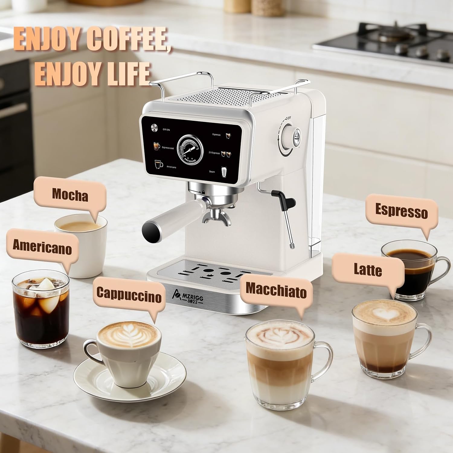 MZRIGG 8023 20 Bar Semi-Automatic Espresso Machine, 1350W Fast Heating Coffee Maker with Milk Frother Steam Wand