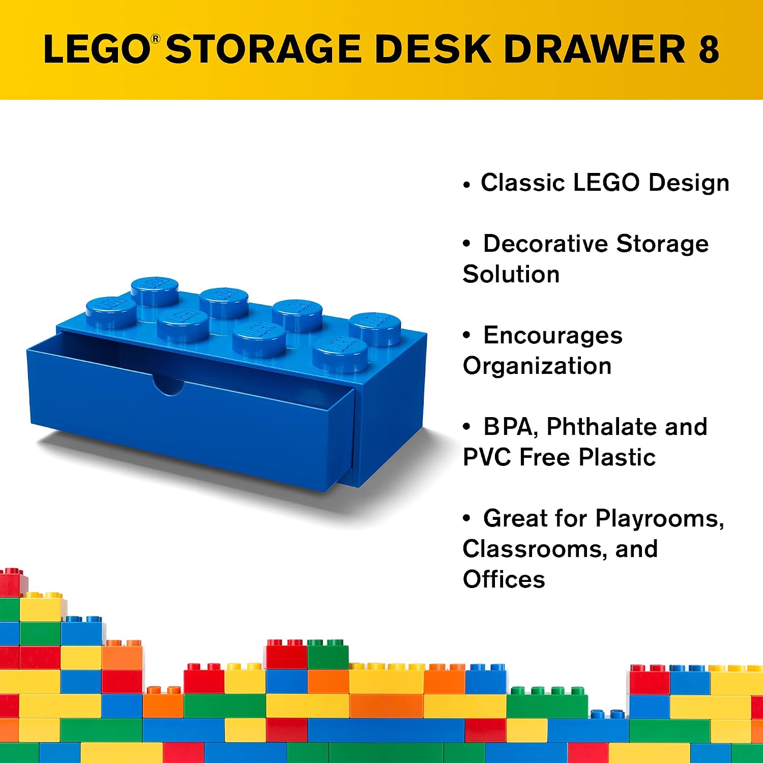 Room Copenhagen Lego Storage Brick 8 Desk Drawer, 8-Stud Stackable Tabletop Storage Box, 12.4 x 6.2 x 4.4 in