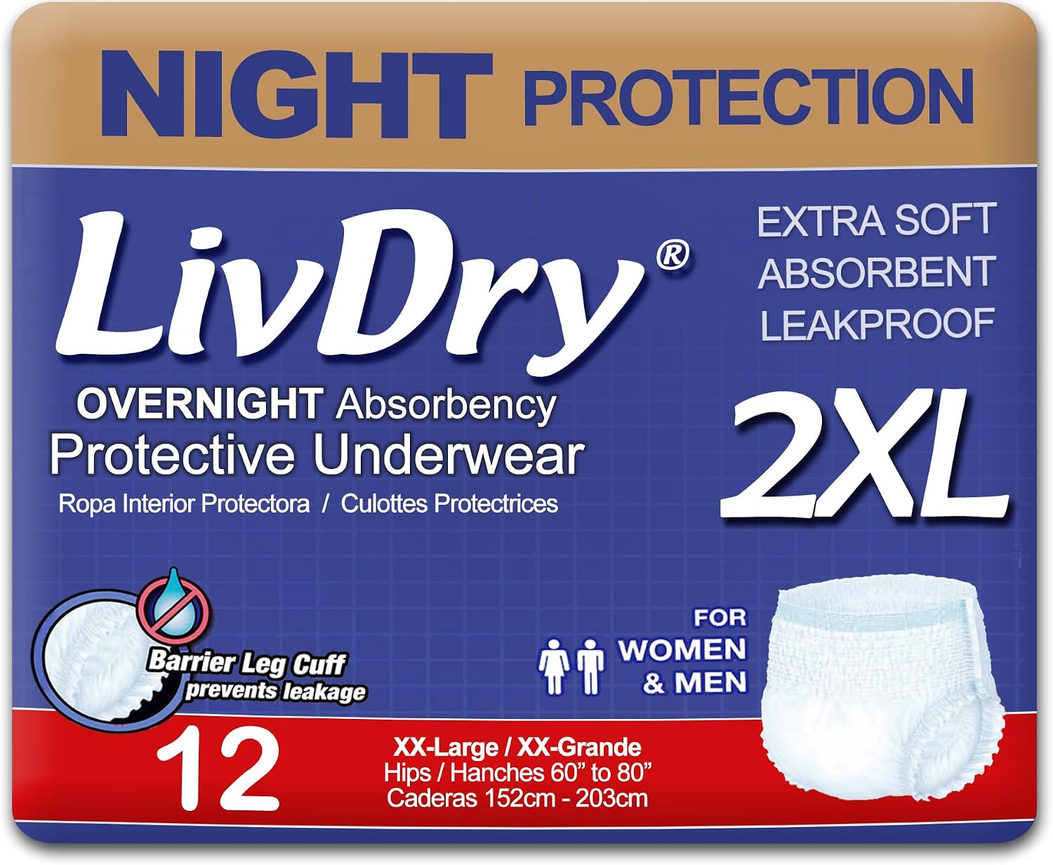 LivDry Adult XL Incontinence Underwear, Overnight Comfort Absorbency, Leak Protection, X-Large, 48-Pack