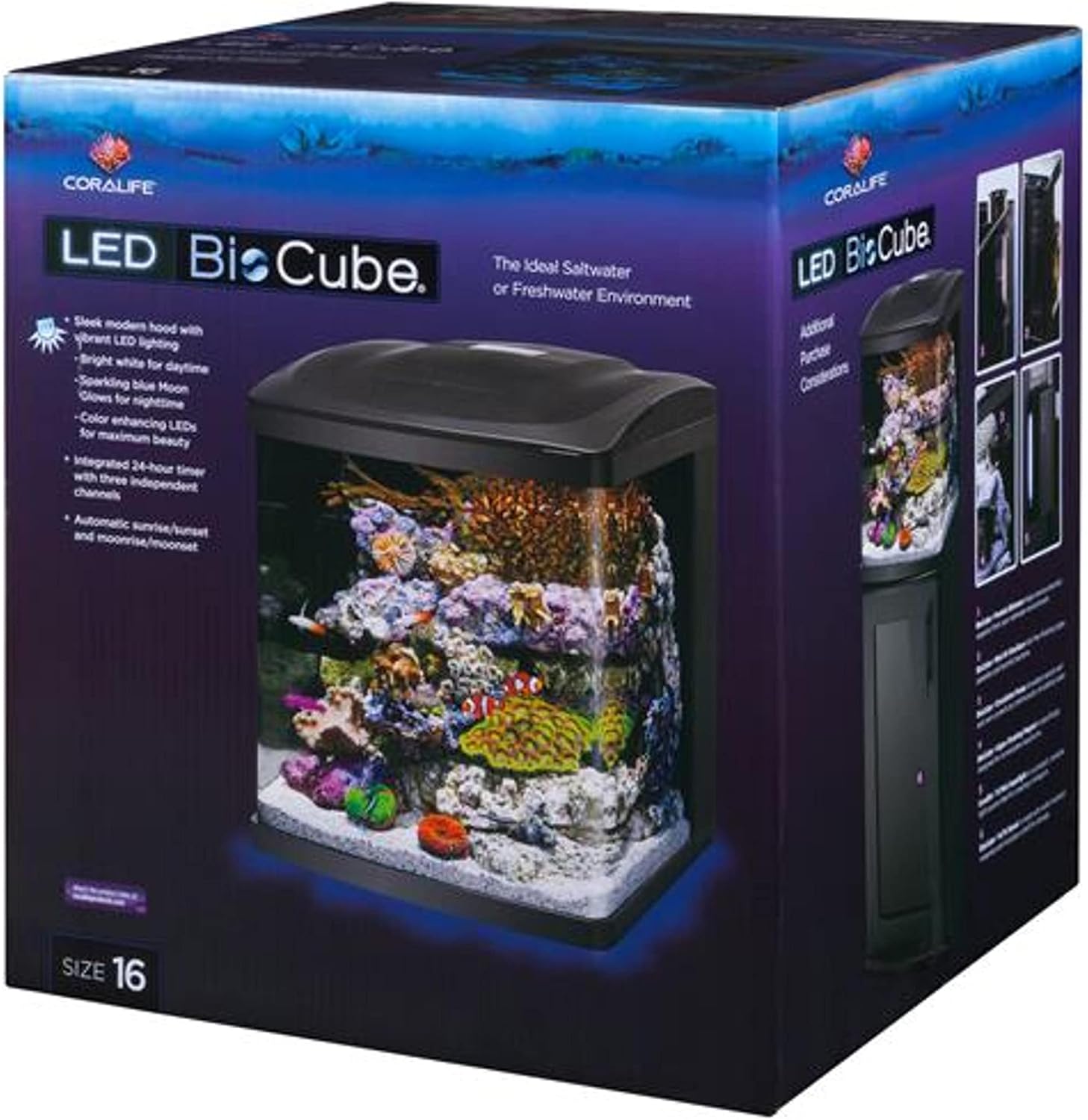 Coralife BioCube, Aquarium Kit, Nano Tank, Customizable LED Lighting, for Saltwater and Freshwater Environments, 16 Gallons